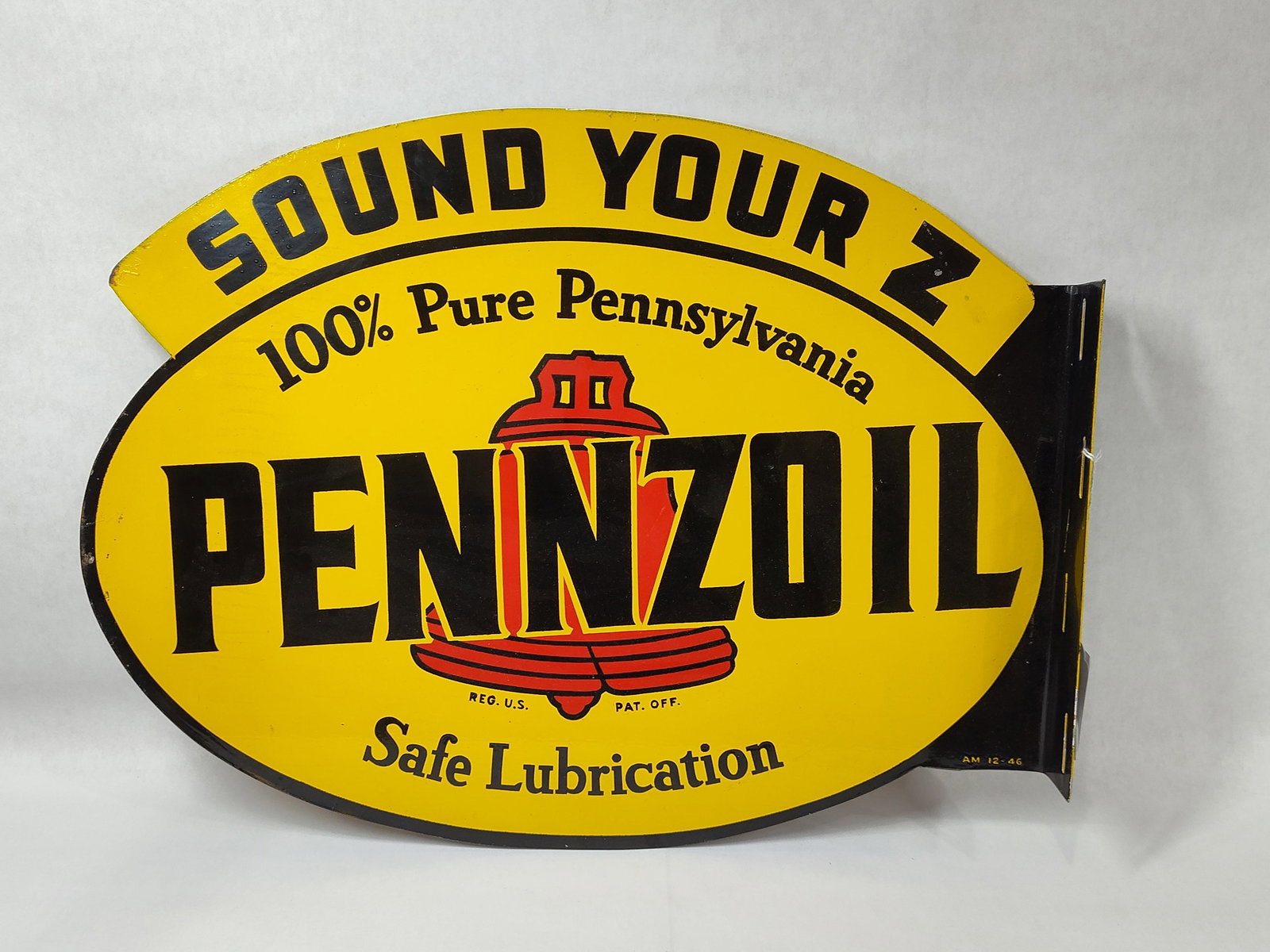 Reproduction Pennzoil flange sign: 2-sided painted metal flange sign with clearcoat. 16.5in x 21.5in.