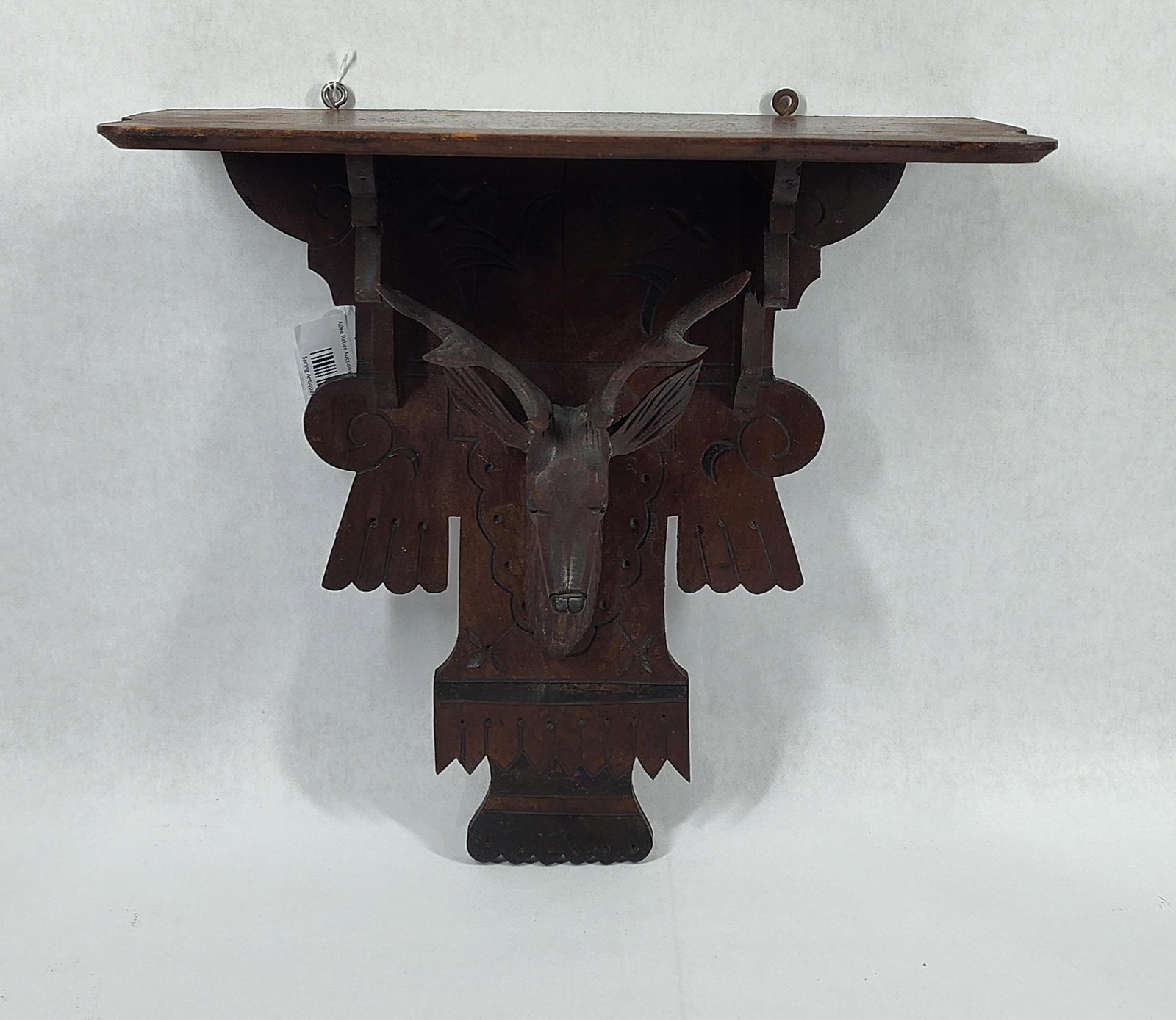 Nice Black Forest Carved Shelf with Stag Head: Great carved details with Stag Head and shelf on top!! Shows a crack down center of back but structurally solid! 15in wide 14.5in tall.
