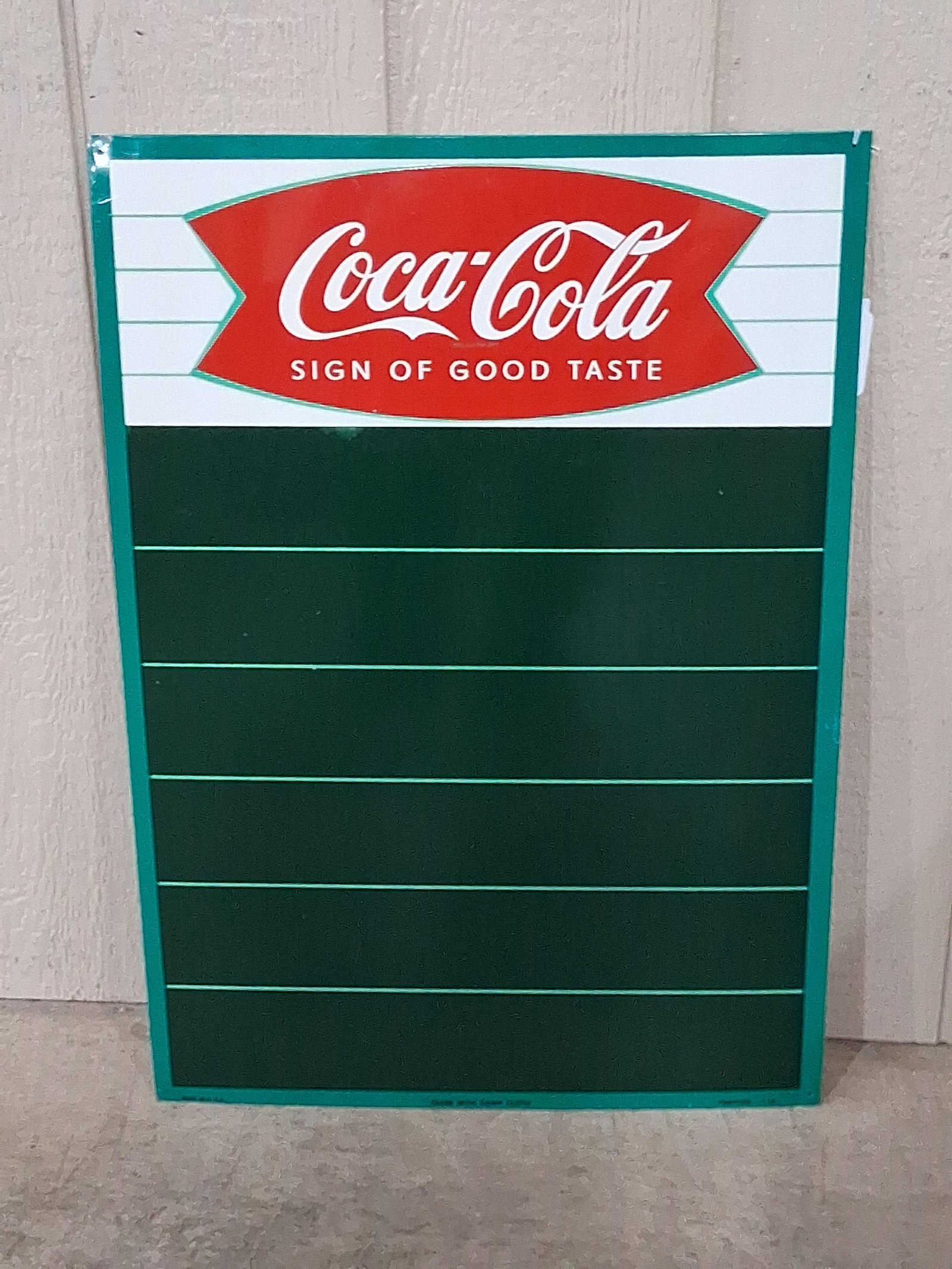 Excellent Clean Coca-Cola "Fishtail" Menu sign: New Old Stock 1-sided painted tin menu sign in excellent condition!!! Marked Robertson 7-58. 19.5in x 28in.