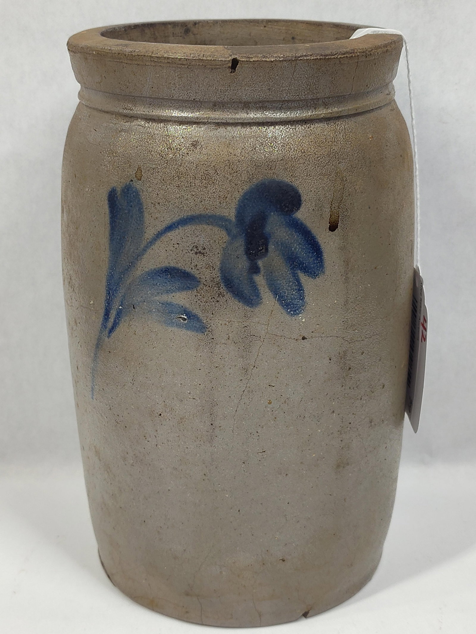 Decorated Baltimore Half Gallon Stoneware Jar: Bottom is heavily cracked and shows a few other hairlines in sides. 9in tall.