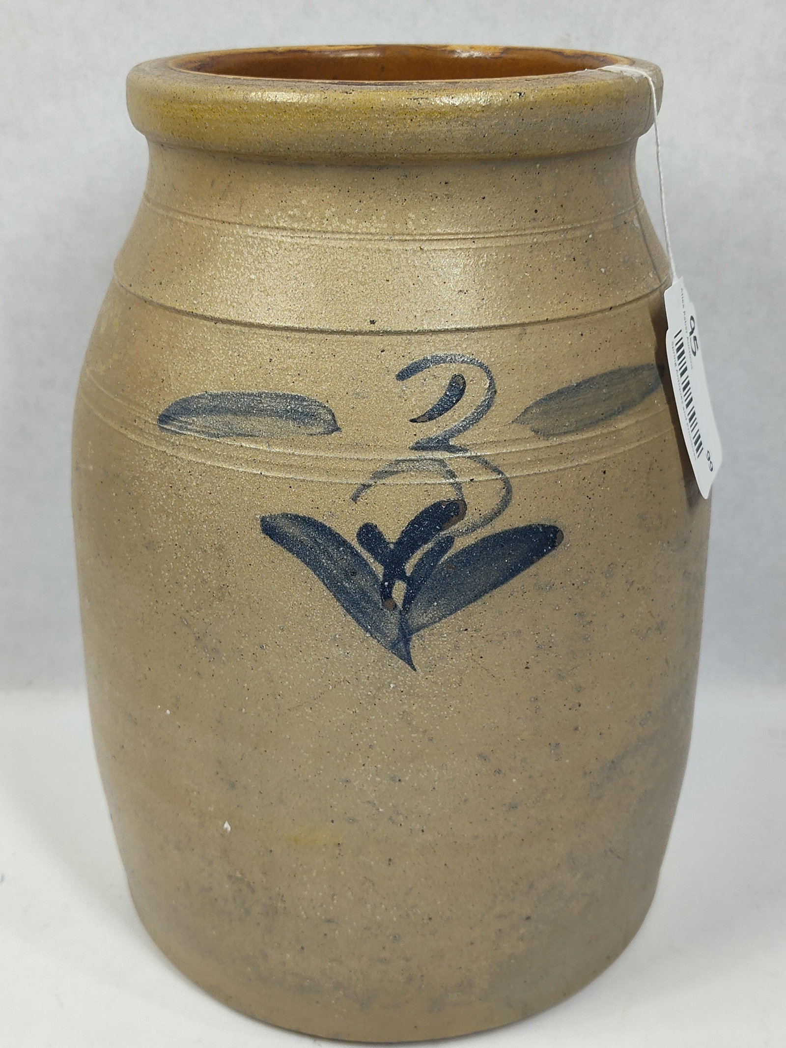 19th C Cobalt Decorated 3-gal stoneware jar: Shows one small chip on outer rim, otherwise is in excellent condition! No cracks!! 13in tall.