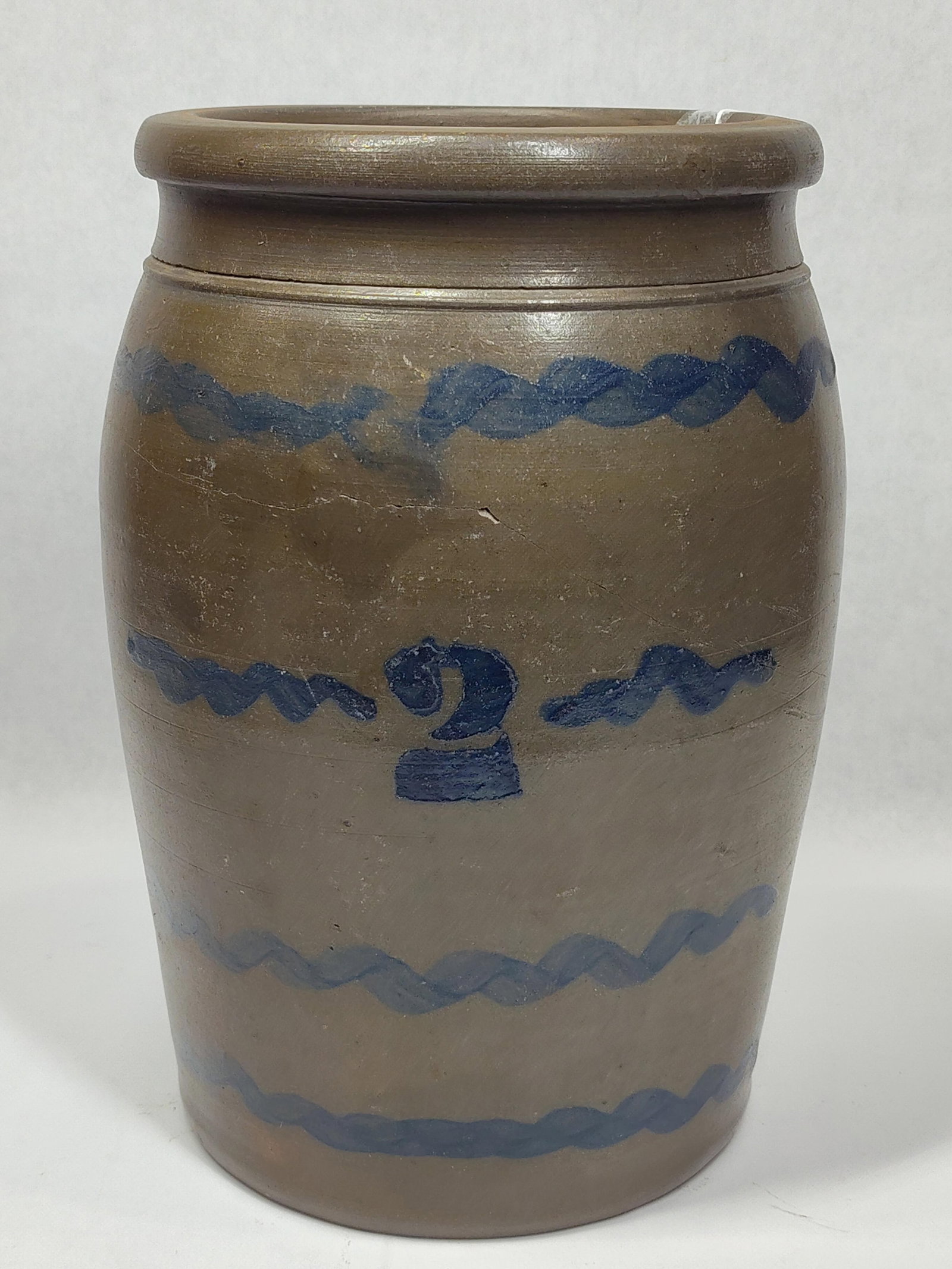 Decorated 2gal Stoneware Striper Jar: Shows a horizontal/diagonal crack above 2, not visible from interior. Displays very well! 12in tall.