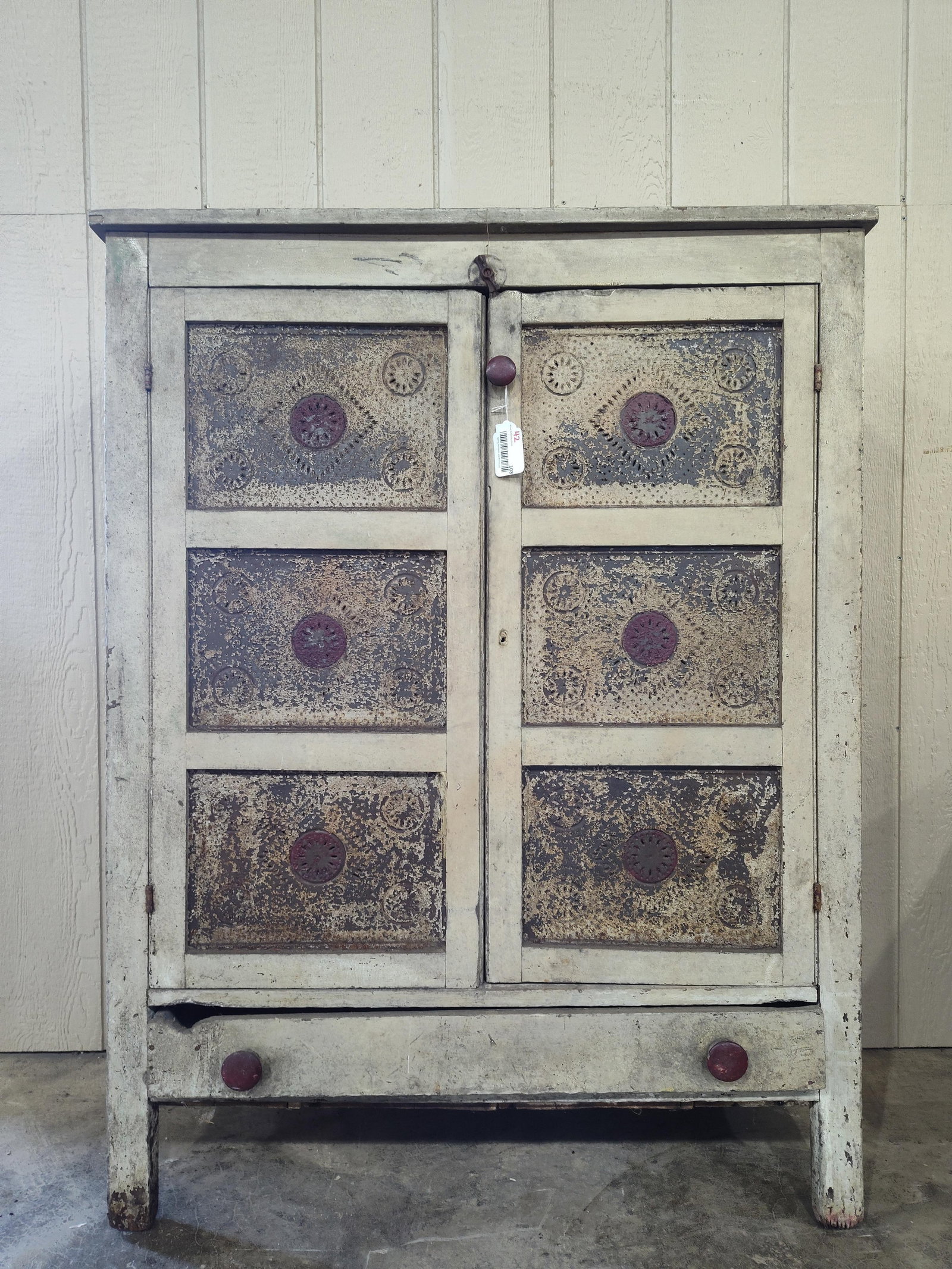 Awesome Primitive Painted 12-Tin Pie Safe: Early all original unmolested pie safe with sq nailed construction and in good solid condition!! 39.5in wide 16.5in deep 52in tall.