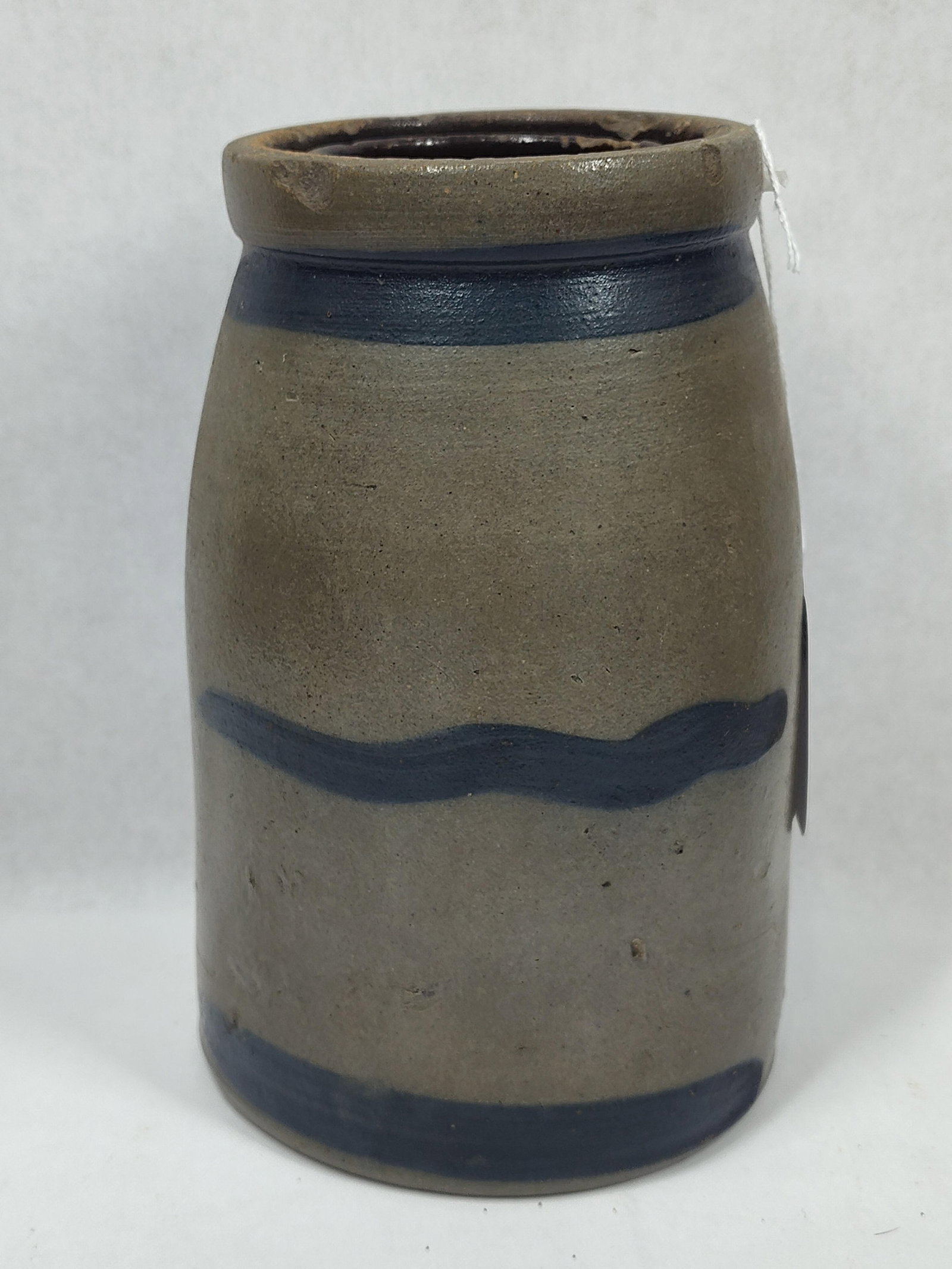 Stoneware Striper Wax Sealer Jar: Shows a few chips on rim. 8.5in tall.