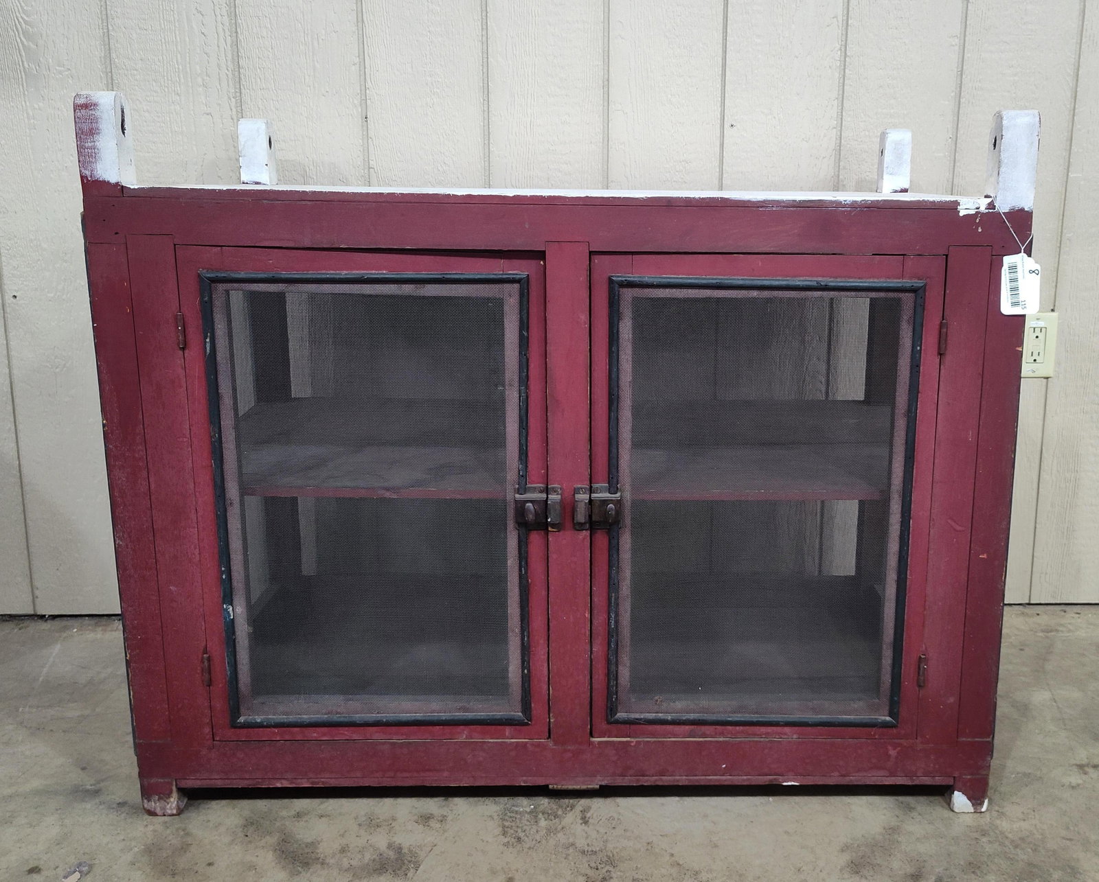 Primitive painted screened hanging pie safe: Nice red painted hanging safe in nice condition! 42in wide 24in deep 34in tall.