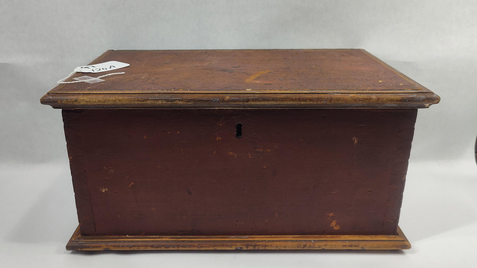 Red Painted Lift Top Chest: Early primitive dovetailed chest. Lock mechanism on inside lip will need reattached. A great color! 16.5x10x8