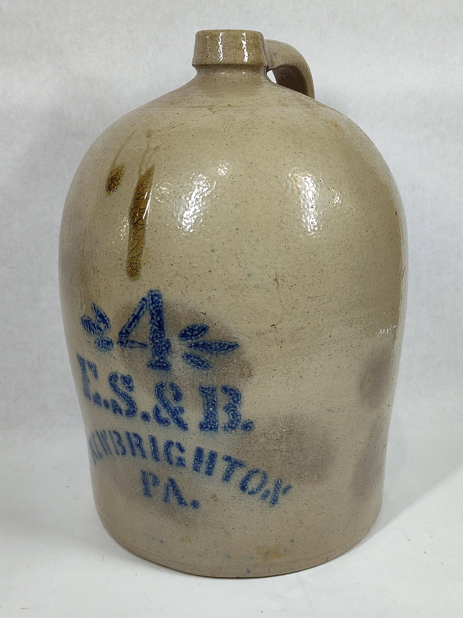 E.S. & B. New Brighton, PA 4gal Stoneware Jug: Great crack and chip free condition!! 15in tall.