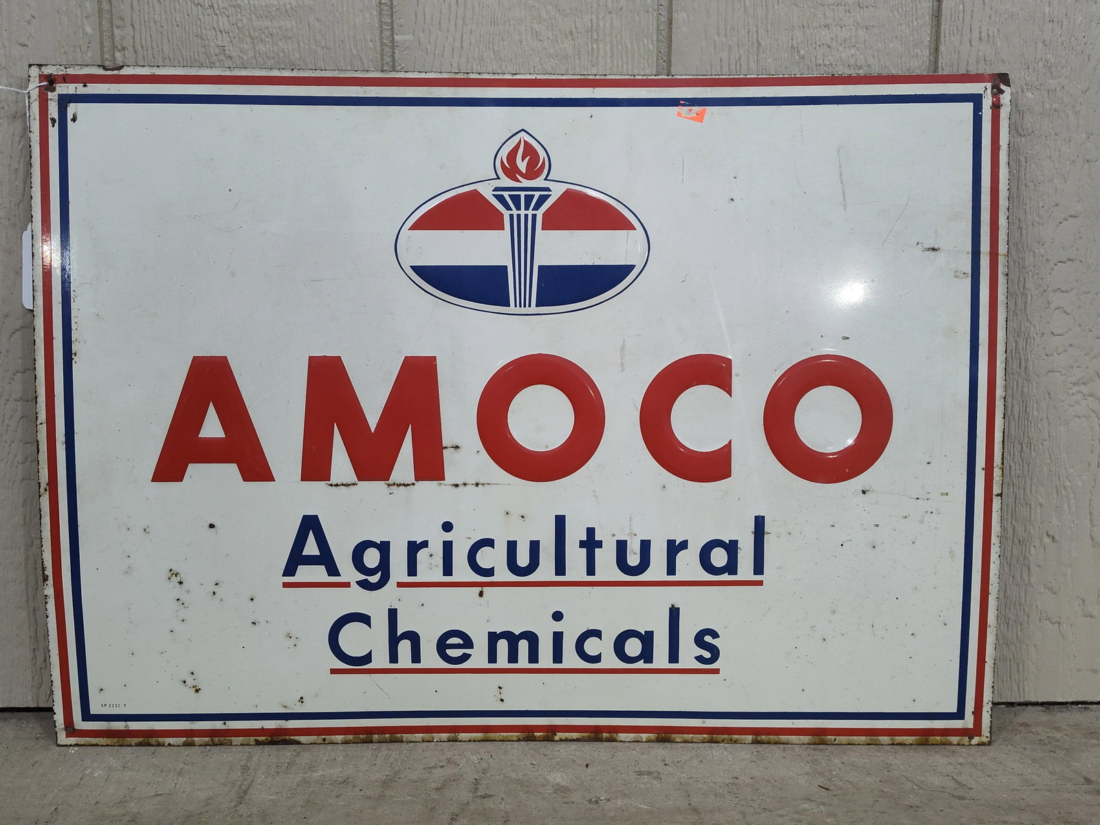 SST Amoco Agriculture Chemicals embossed sign: Rare 1-sided painted metal embossed sign with some edge wear and a few spots of surface corrosion but overall is good and one you hardly see!! 20in x 28in.