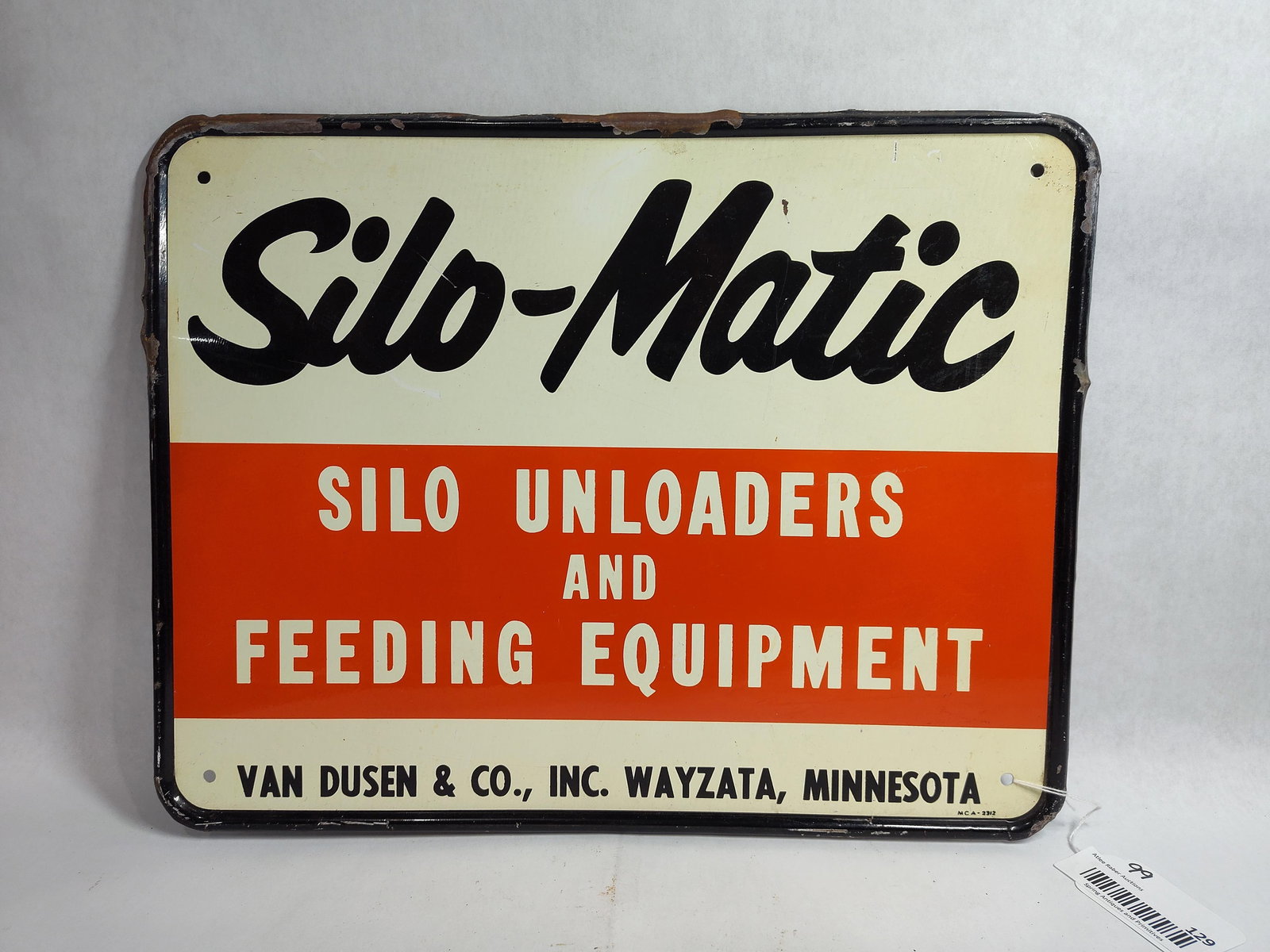 SST Silo-Matic self-framed sign: 1-sided painted metal self-framed sign with some edge wear but field is pretty clean! Marked MCA. 14in x 18in.