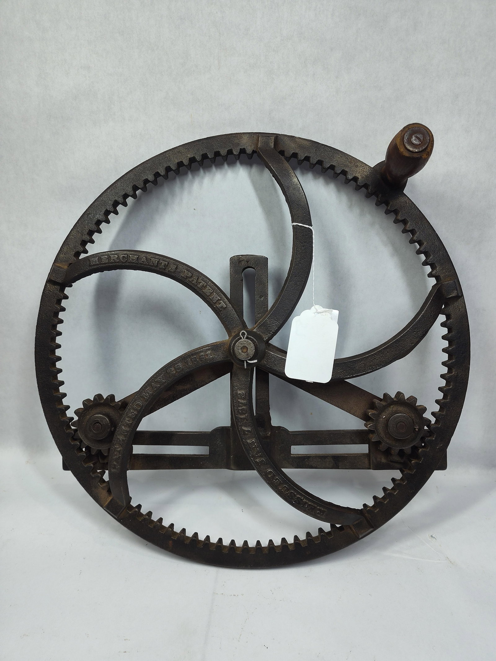 Unusual 1800s Barrel Tool/Drill: Believed to be a tool used to construct barrels? Large sprocket wheel with bracket on rear with 2 drills. Appears to have a repair to bracket but overall in great condition! Marked with Pat. Date 1861