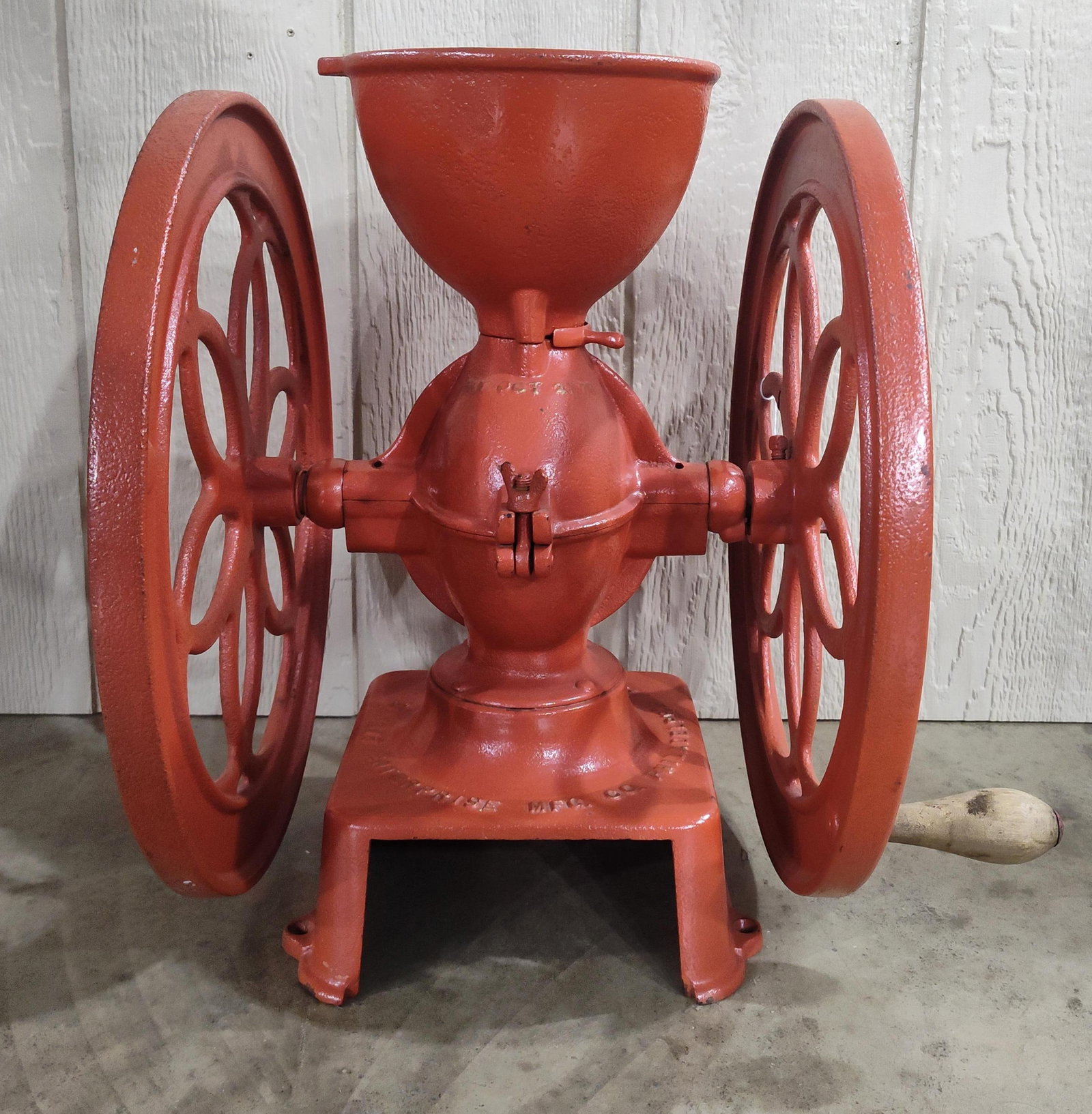 Enterprise Coffee Mill: Is missing drawer and top cover. Has been nicely Restored. 13.5in wide 19in tall. Wheels are 17in diameter.