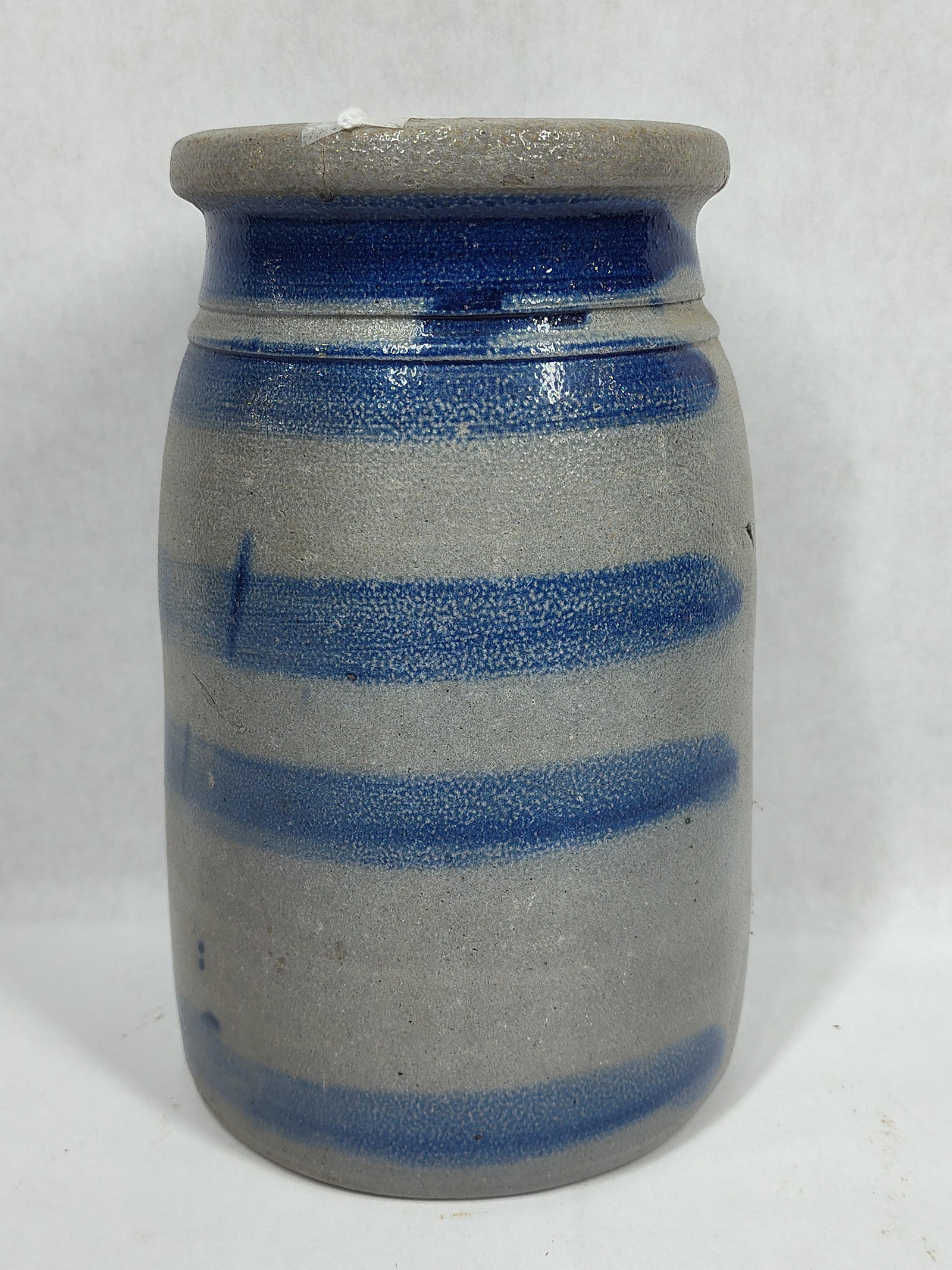Great 4-Striper Stoneware Wax Sealer Jar: With a tiny flake to interior rim, otherwise in great condition!! Crack free!! 8.25in tall.