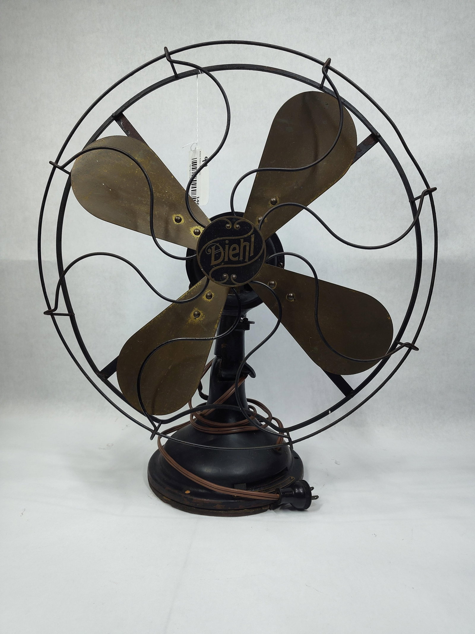 Diehl Mfg Co. Brass Bladed Oscillating Fan: Upon testing had to help it get started but once warmed up started on its own. Runs on one speed and oscillates as it should. Cage is 16.5in diameter.