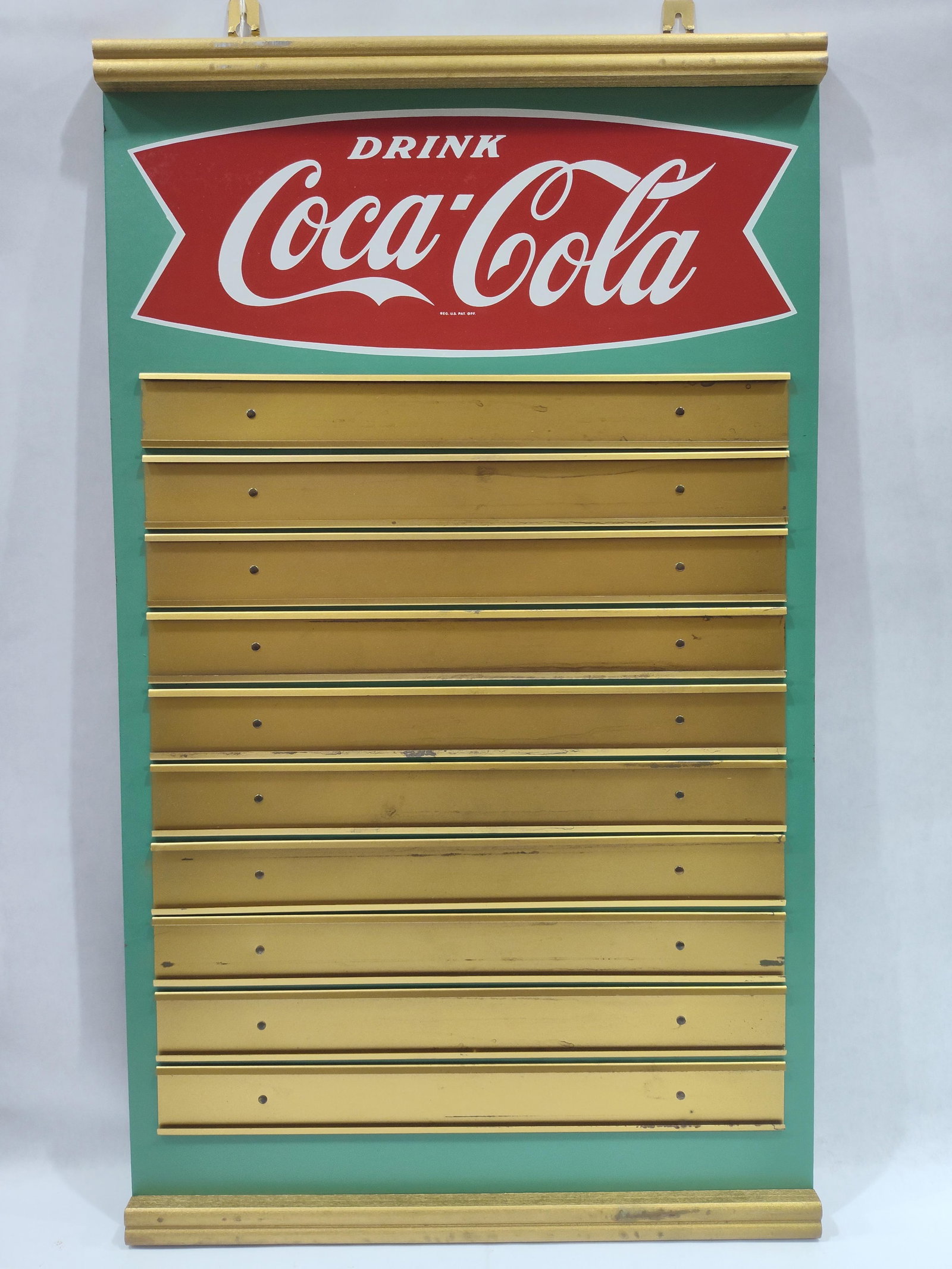 Great Clean Coca-Cola "Fishtail" masonite menu sign: Art Deco masonite menu sign with script or letter slots in excellent condition!! 17.25in x 29.5in.