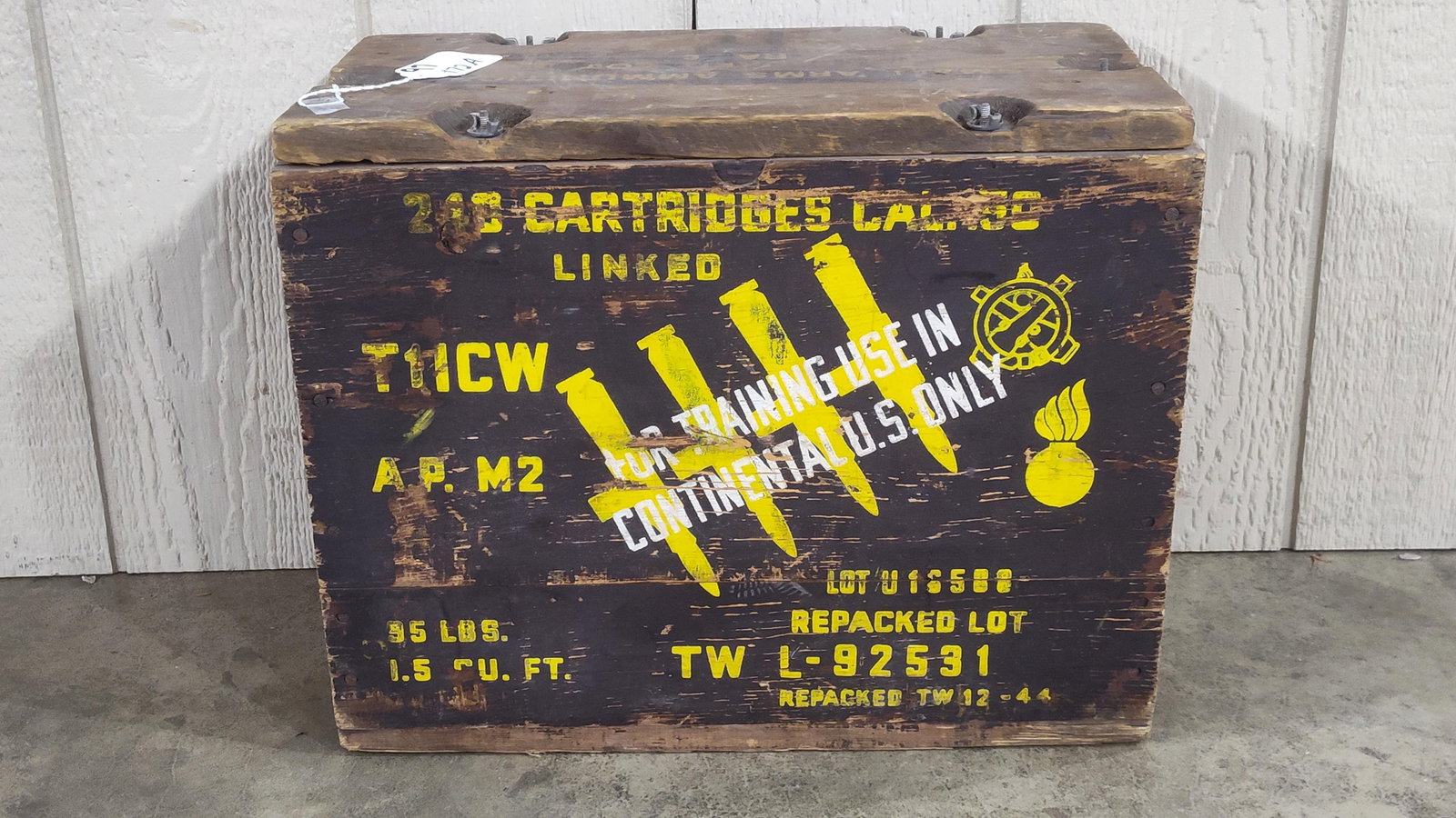 Small Arms Ammunition Crate: Stenciled and painted graphic to front of box with a key screw lid. 18.5x15x9
