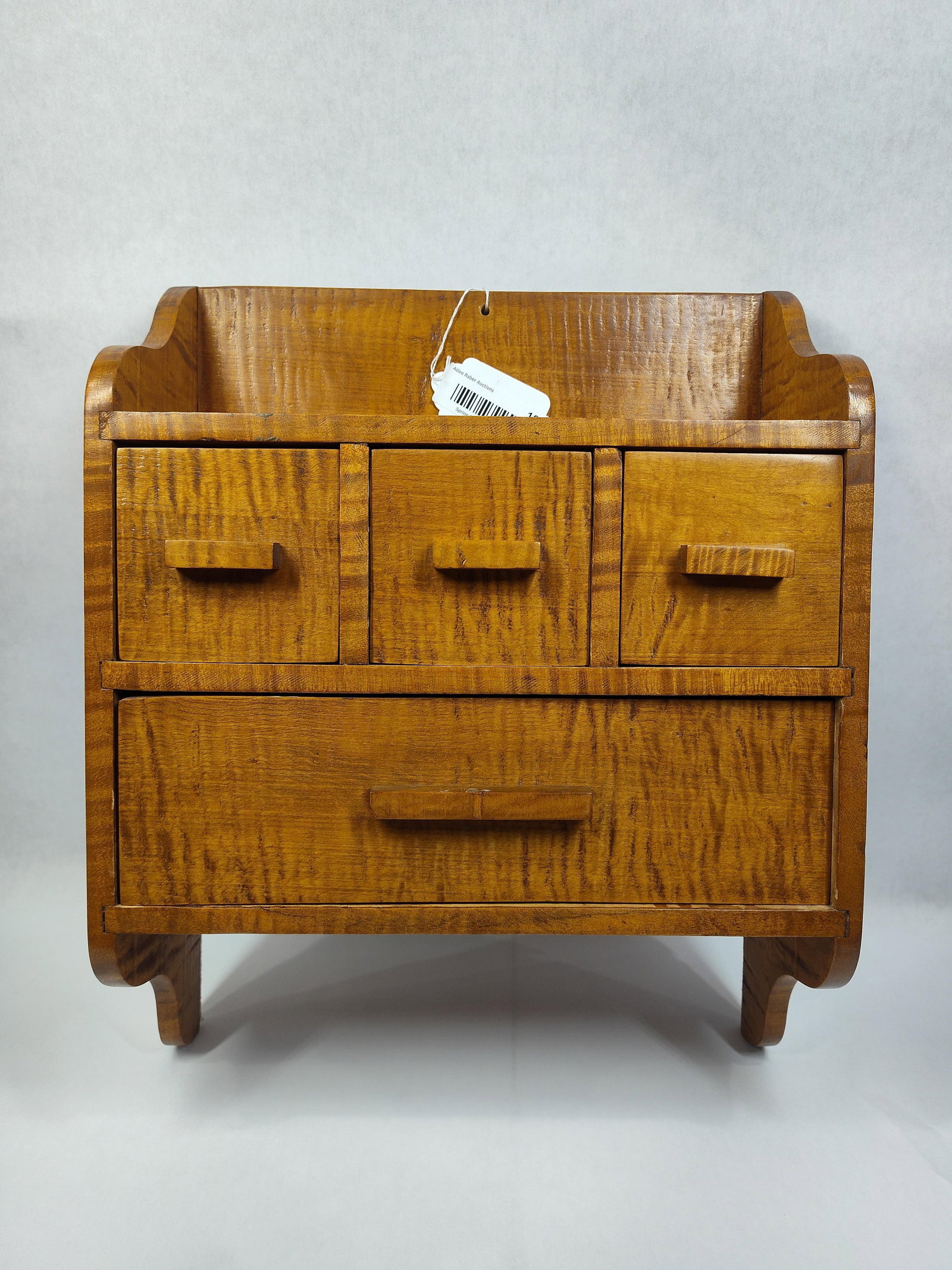 Small Tiger Maple 4-drw Hanging Storage Cabinet: 14.25in wide 5.5in deep 18in high.