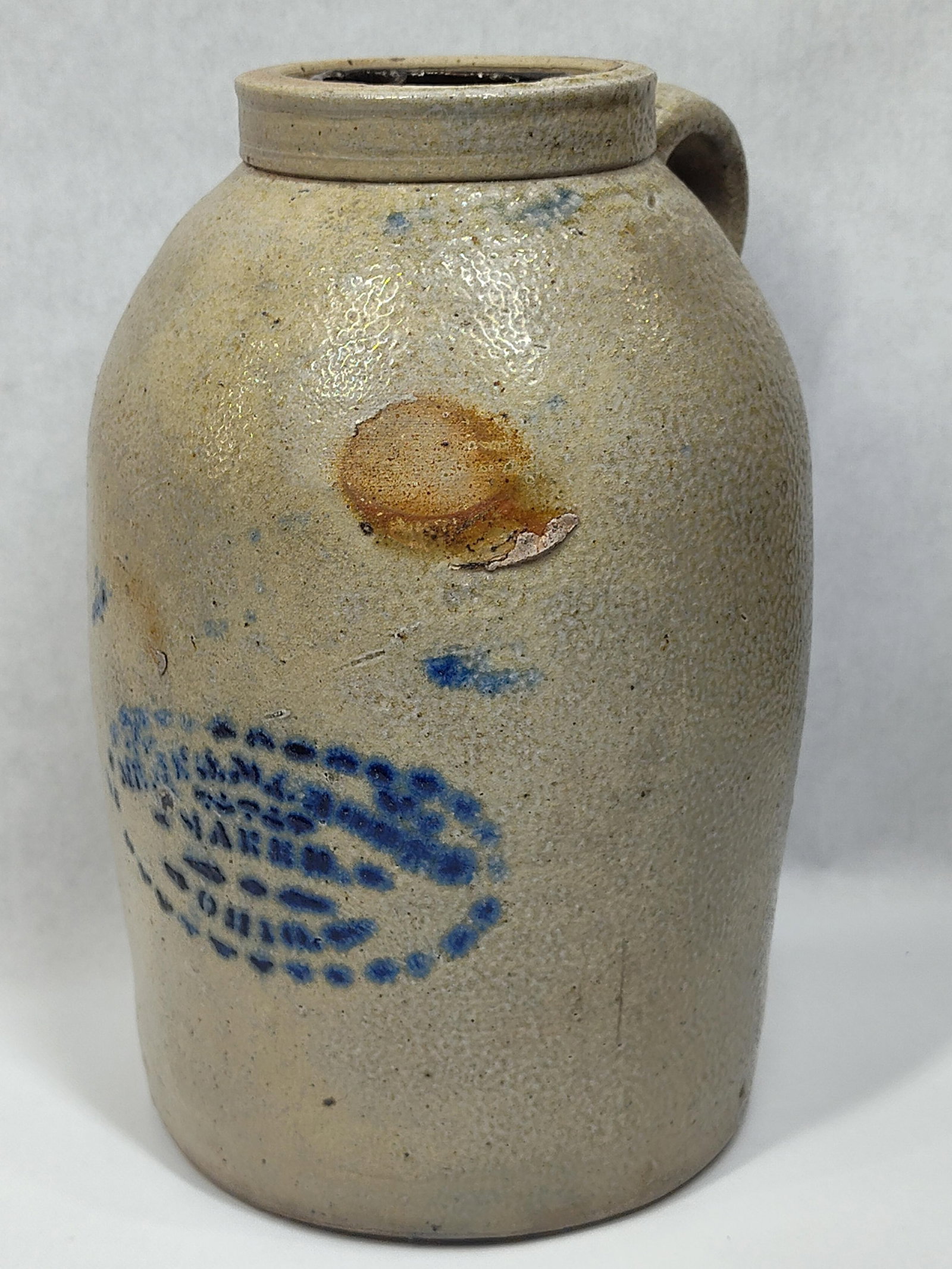 Ohio 1-gal Wax Sealer Stoneware Handled Jar: With a chip on interior rim and a couple kiln marks, otherwise in great condition!! No cracks! 10in tall.