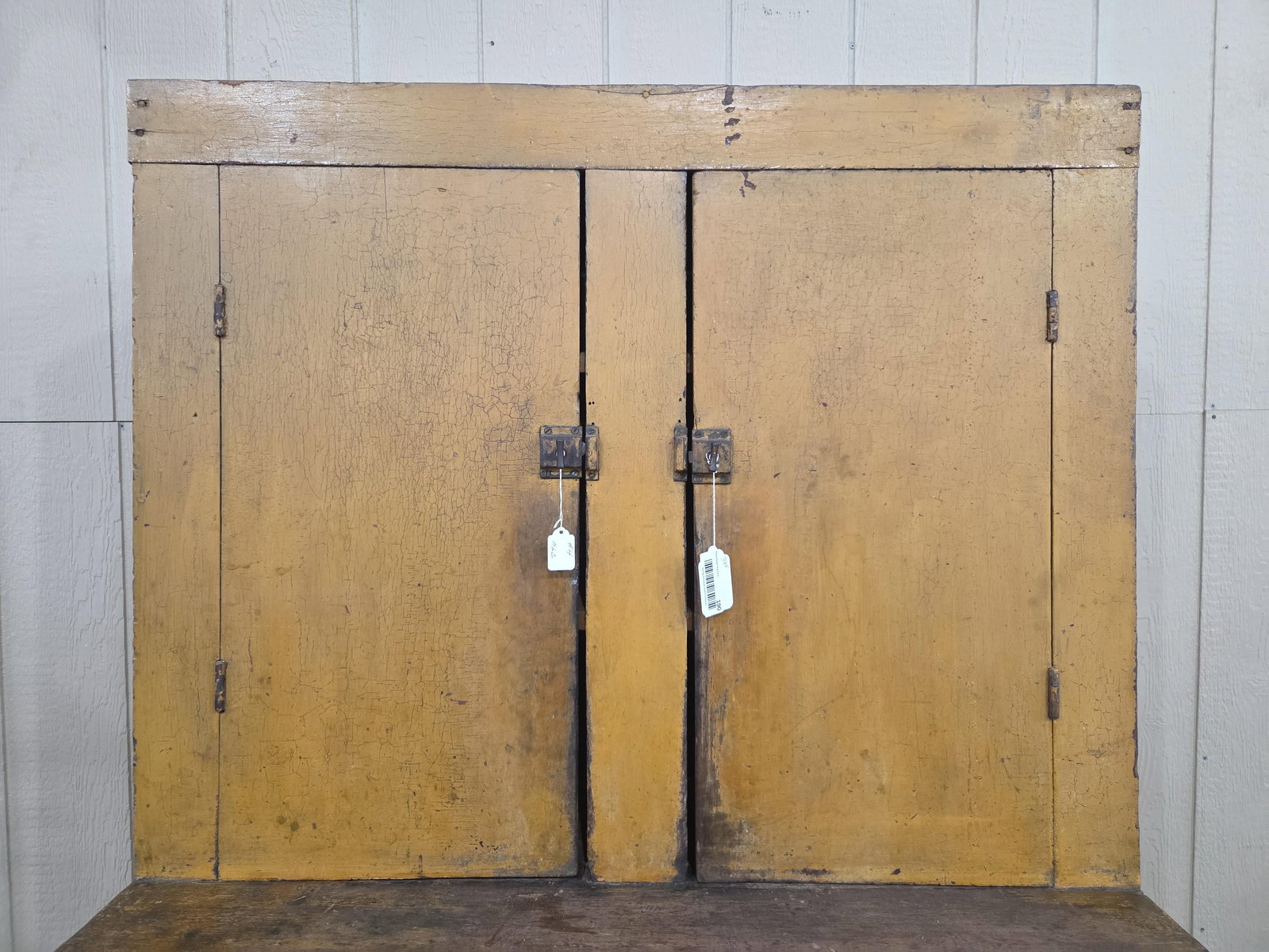 Outstanding early Primitive Mustard Stepback Cupboard - 11
