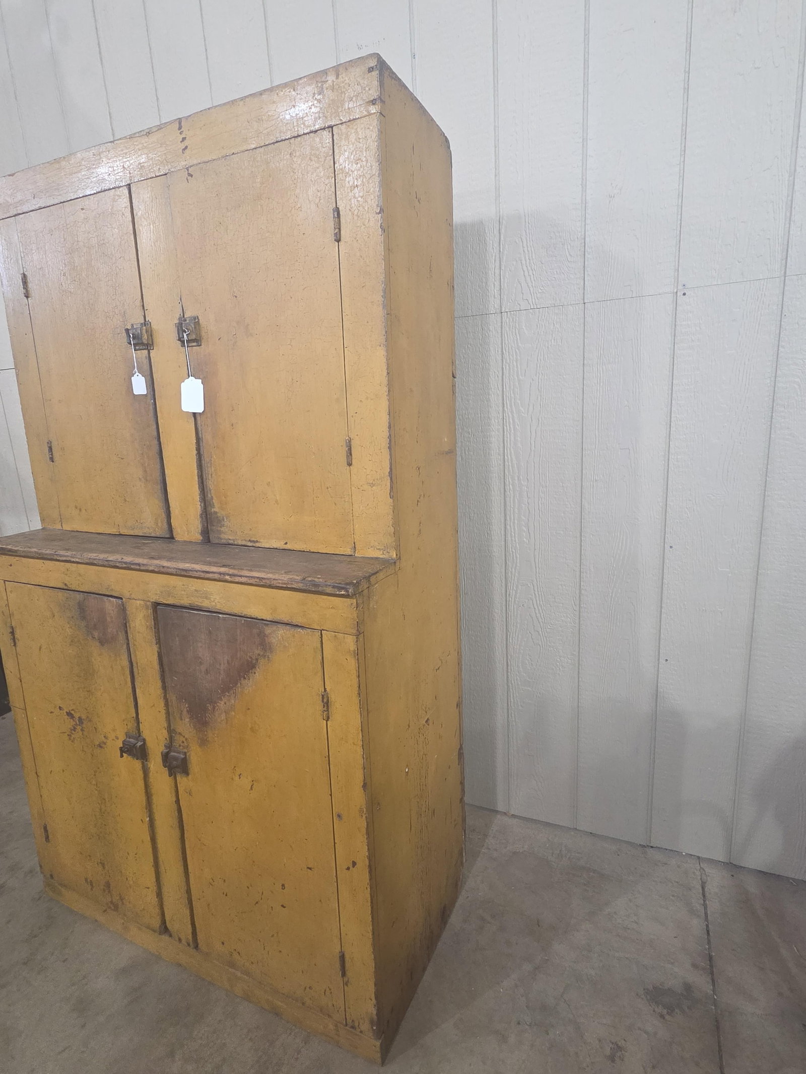 Outstanding early Primitive Mustard Stepback Cupboard - 7
