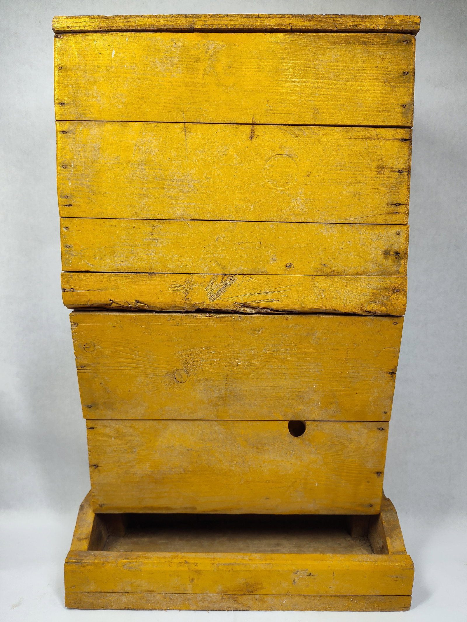 Yellow Painted Turkey Feeder: Underside of lid is marked turkey feeder. 14.5in wide 23.5in tall.