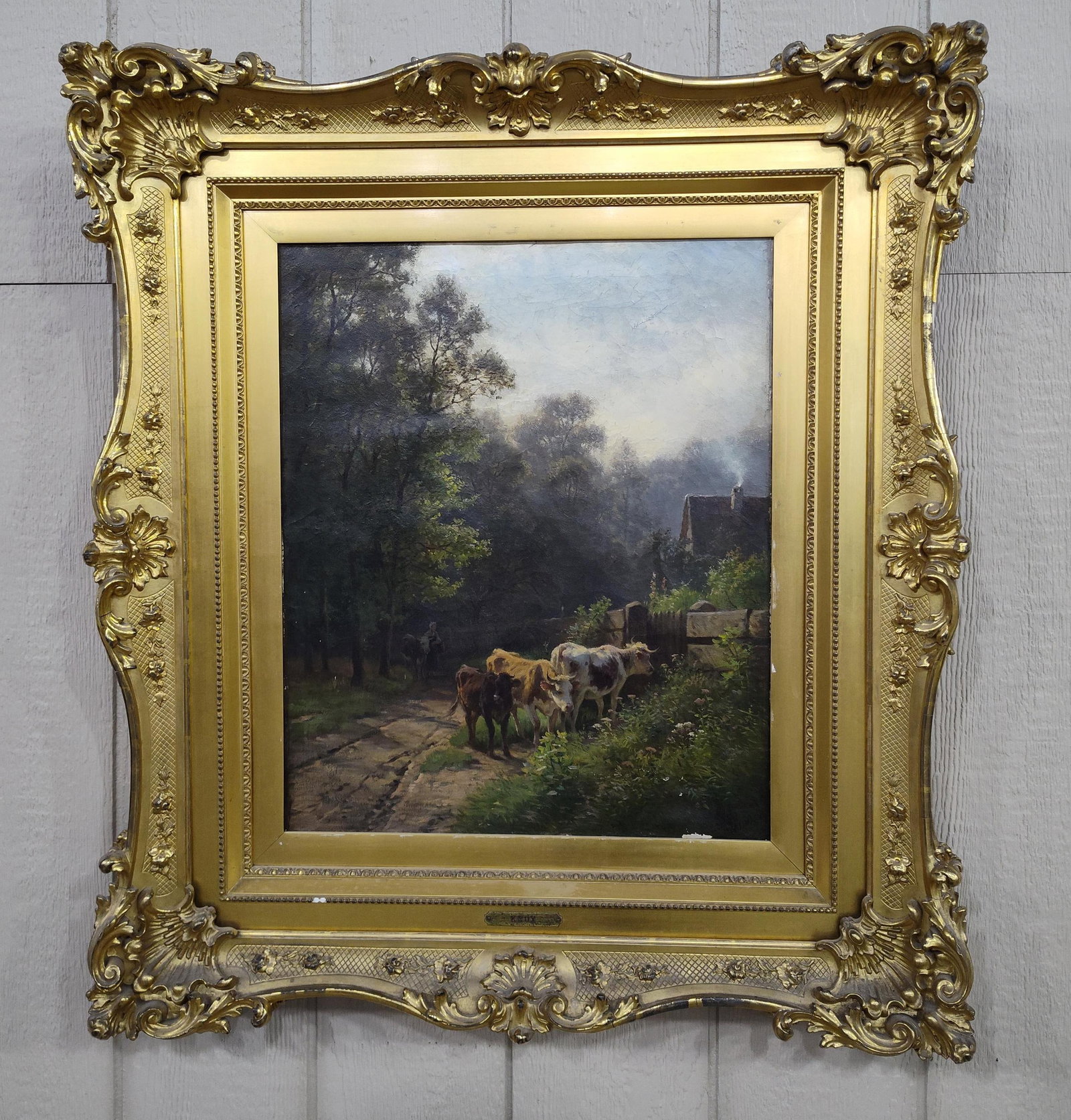 Early oil on canvas painting in fancy gold gilded frame: Painting shows age crackling and few small spots of peeling or chips. Ornate frame shows a few cracks and a few chips but overall displays very well! 32in x 36in.