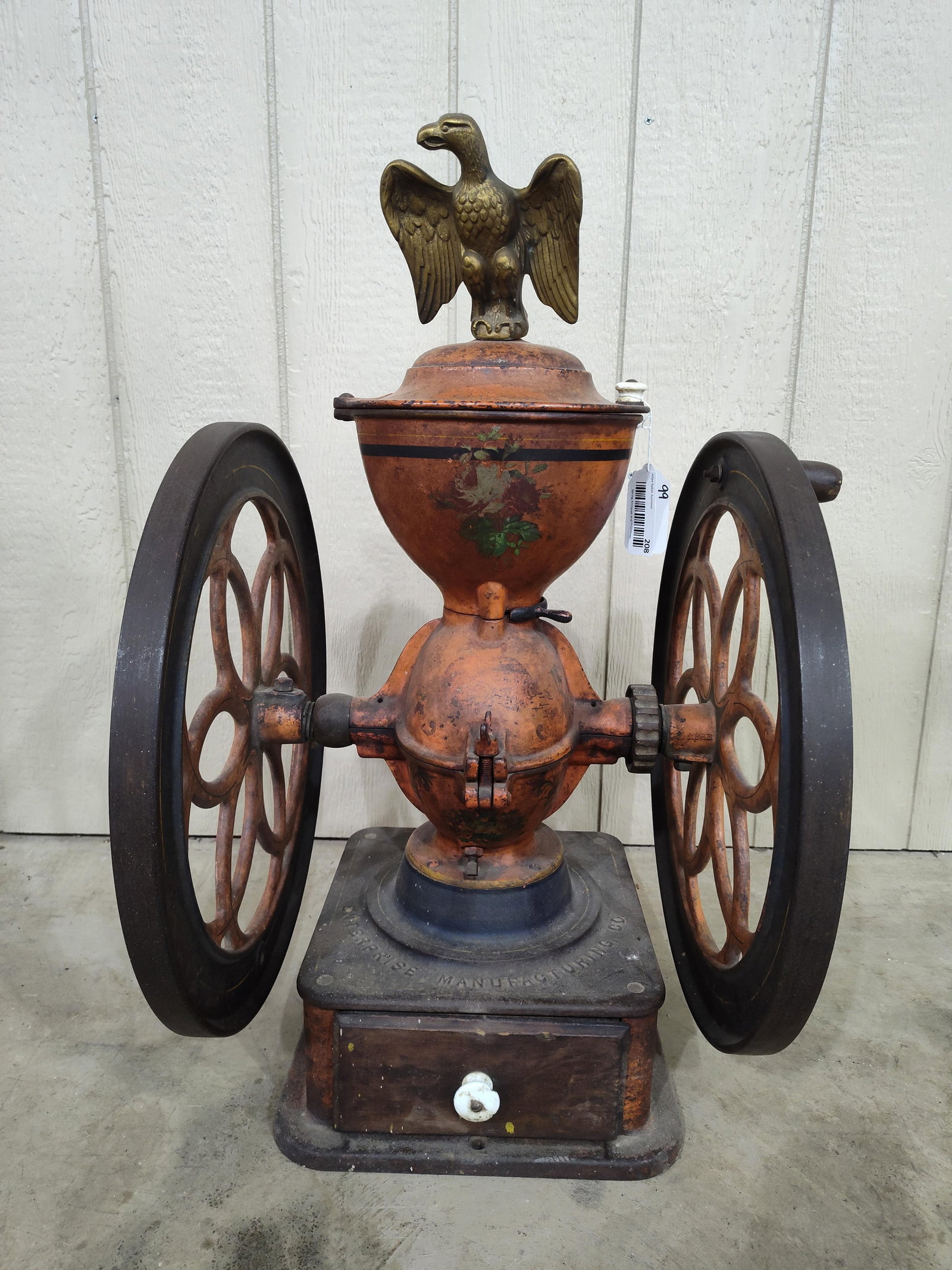 Enterprise 2-wheel Coffee Mill: Awesome early coffee mill in as found condition with all original surface!! 17in wide 30in tall to top of eagle finial. Wheels are 19.5in diameter.