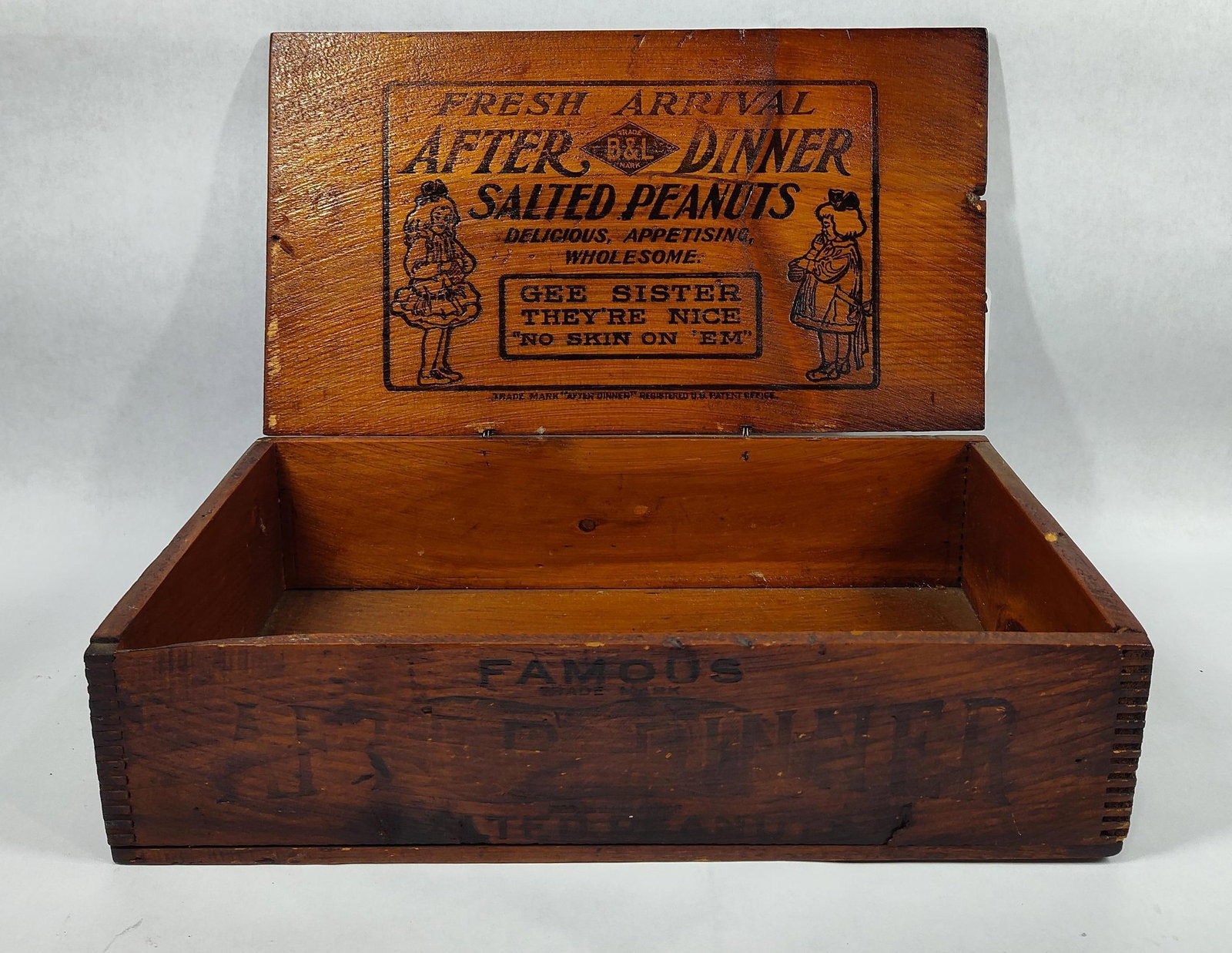 After Dinner Salted Peanuts dovetailed box: Nice small dovetailed box with graphics on all sides including interior lid!! 16.25in long 9.25in wide 4.25in tall.