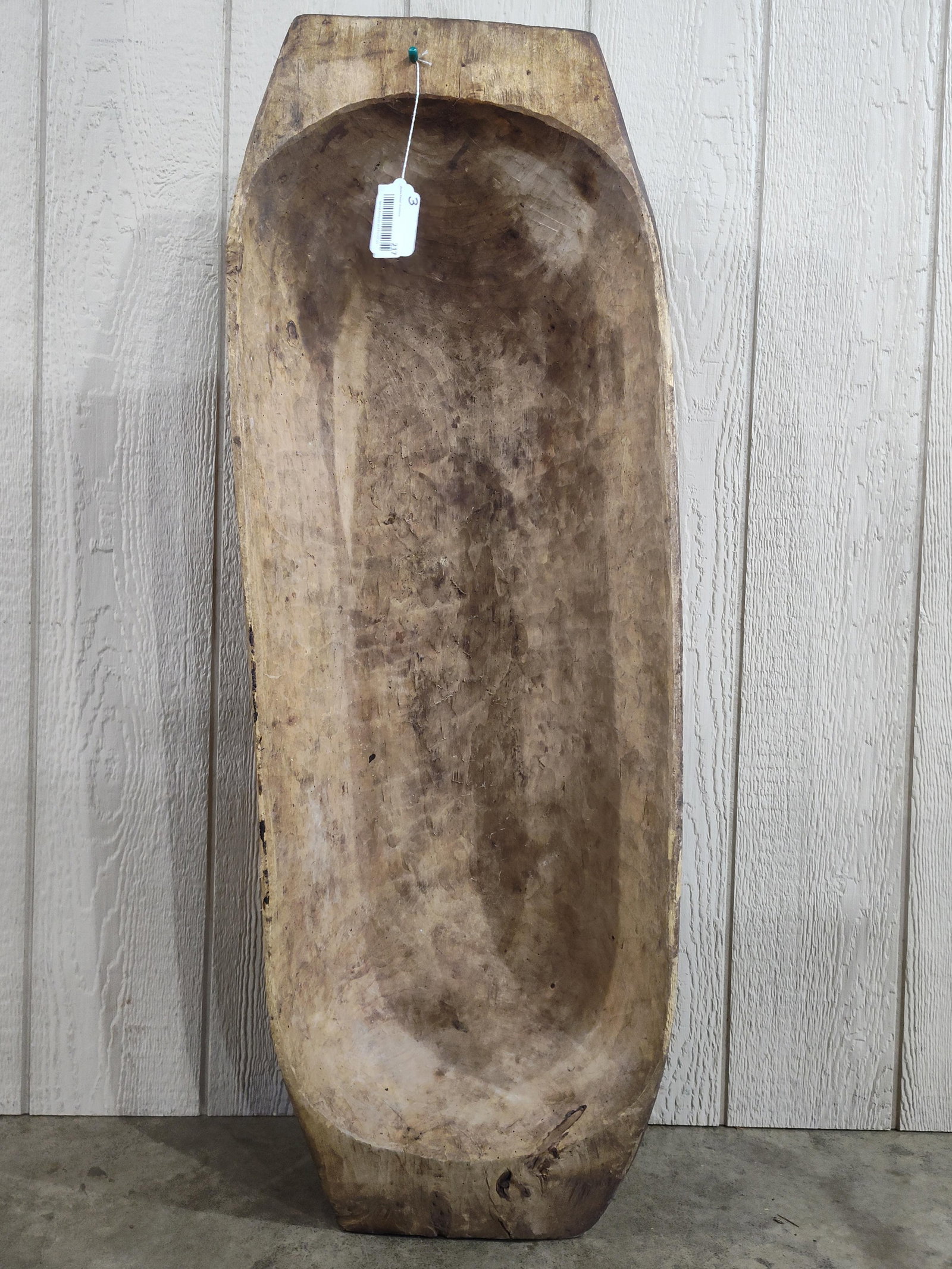Extra Large Primitive Wood Trencher Dough Bowl: Showing wear due to age and usage with no cracks or repairs measuring 16.5 W x 46 L 