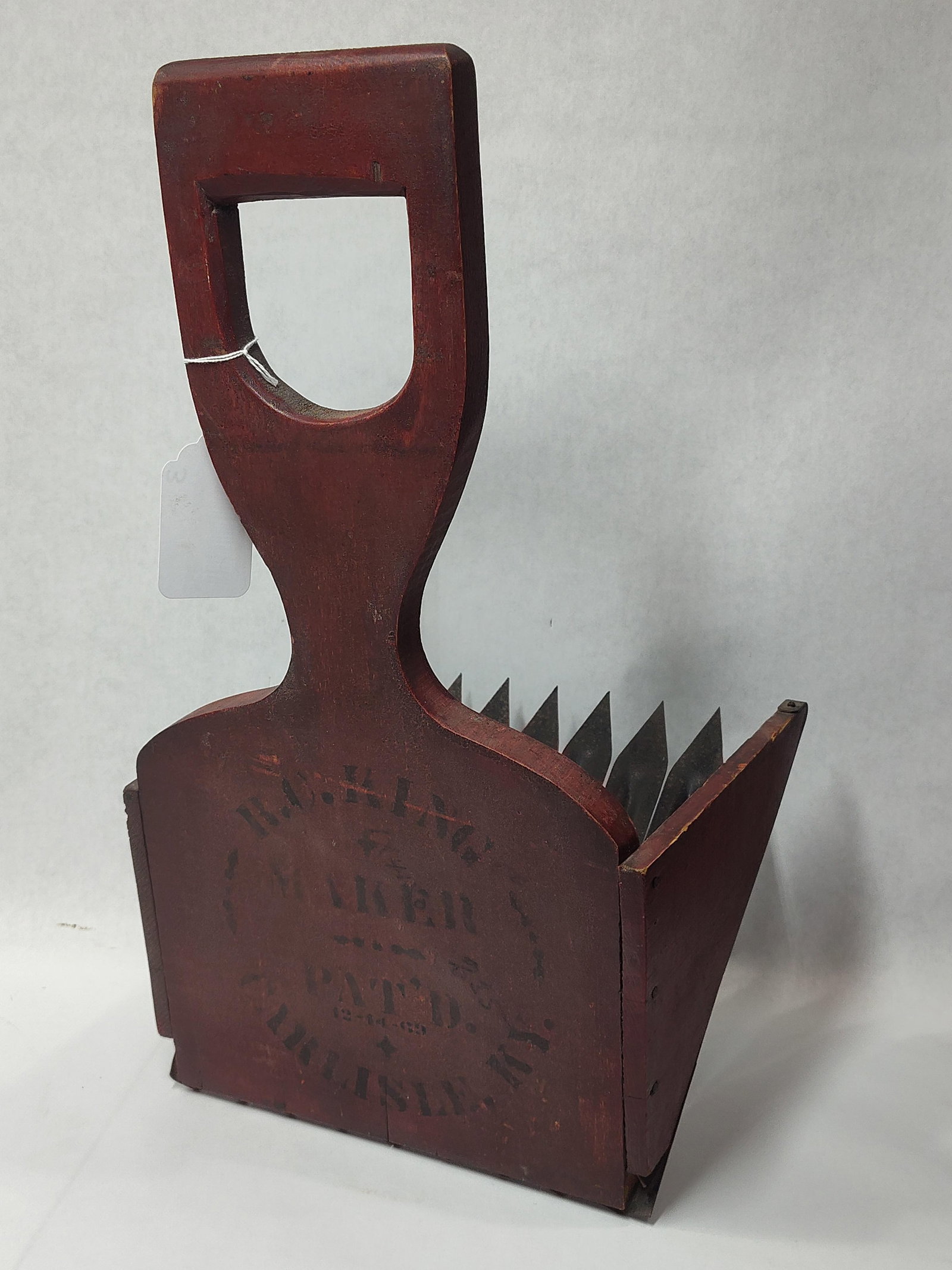 R.C. King Primitive Painted Wood Cranberry Picker Scoop: Great early stenciling showing as well as paint measuring 16 in H 