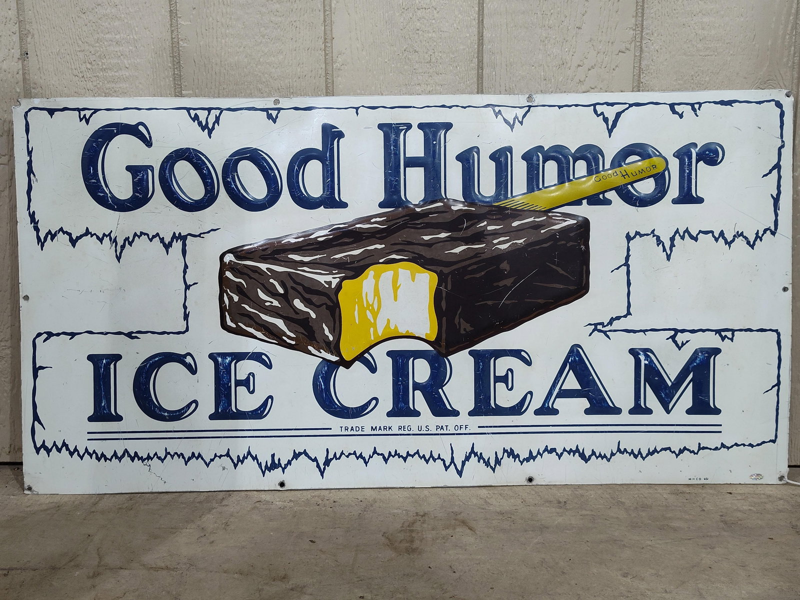 SS Alum Good Humor Ice Cream embossed sign: 1-sided painted aluminum embossed sign with some scuffing and scratches but presents very well!! With authentic original sticker. 20.5in x 40in.