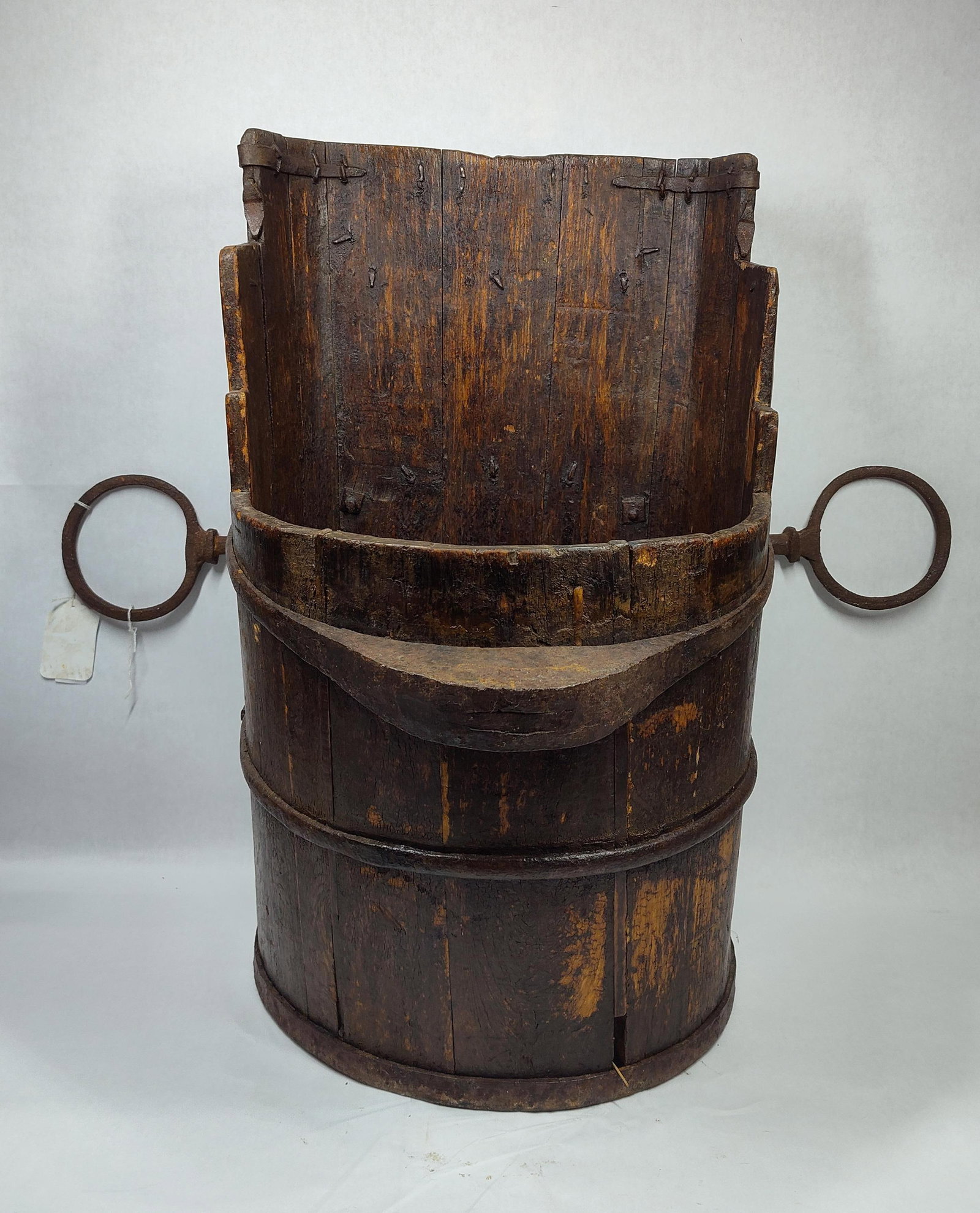 Primitive Chinese Wood & Forged Iron Water Bucket: Bucket is 15in wide 24.5in tall, iron bar in back is 30in long.
