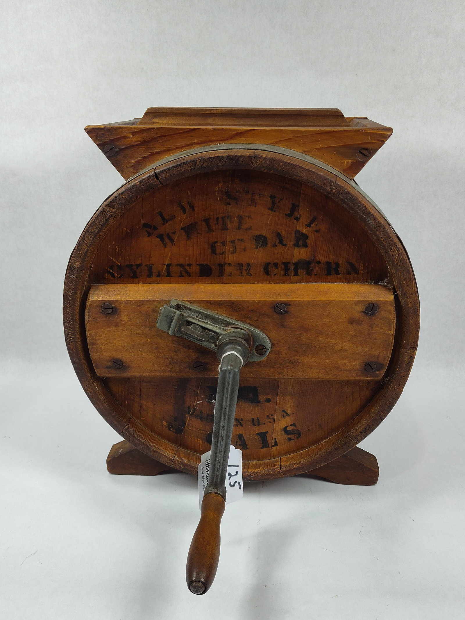 White Cedar No.1 3gal Cylinder Churn: With stenciled graphics on front.