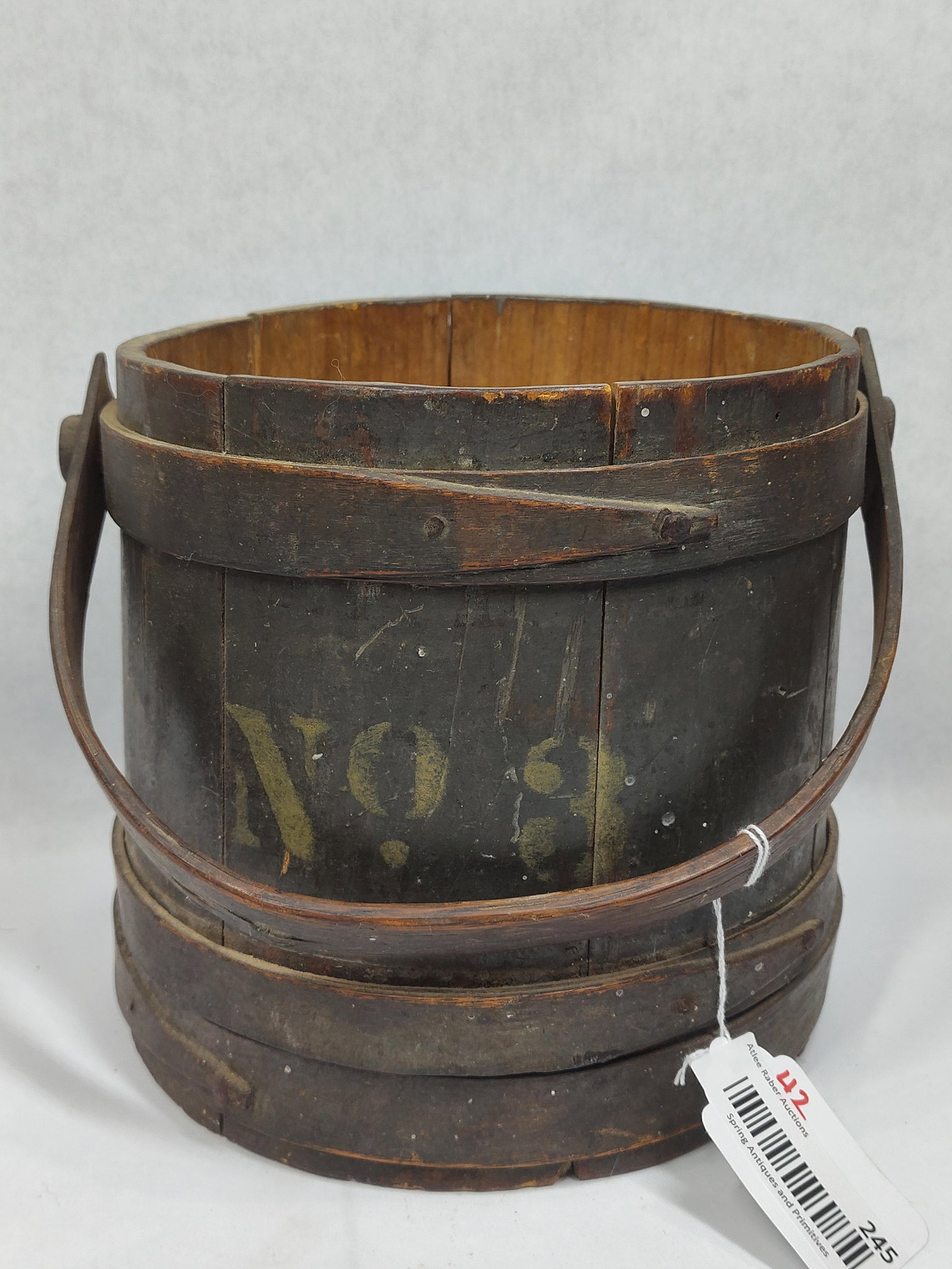 Primitive Painted Firkin Bucket (No Lid): Great original paint but no cover. 8in diameter 9in tall.