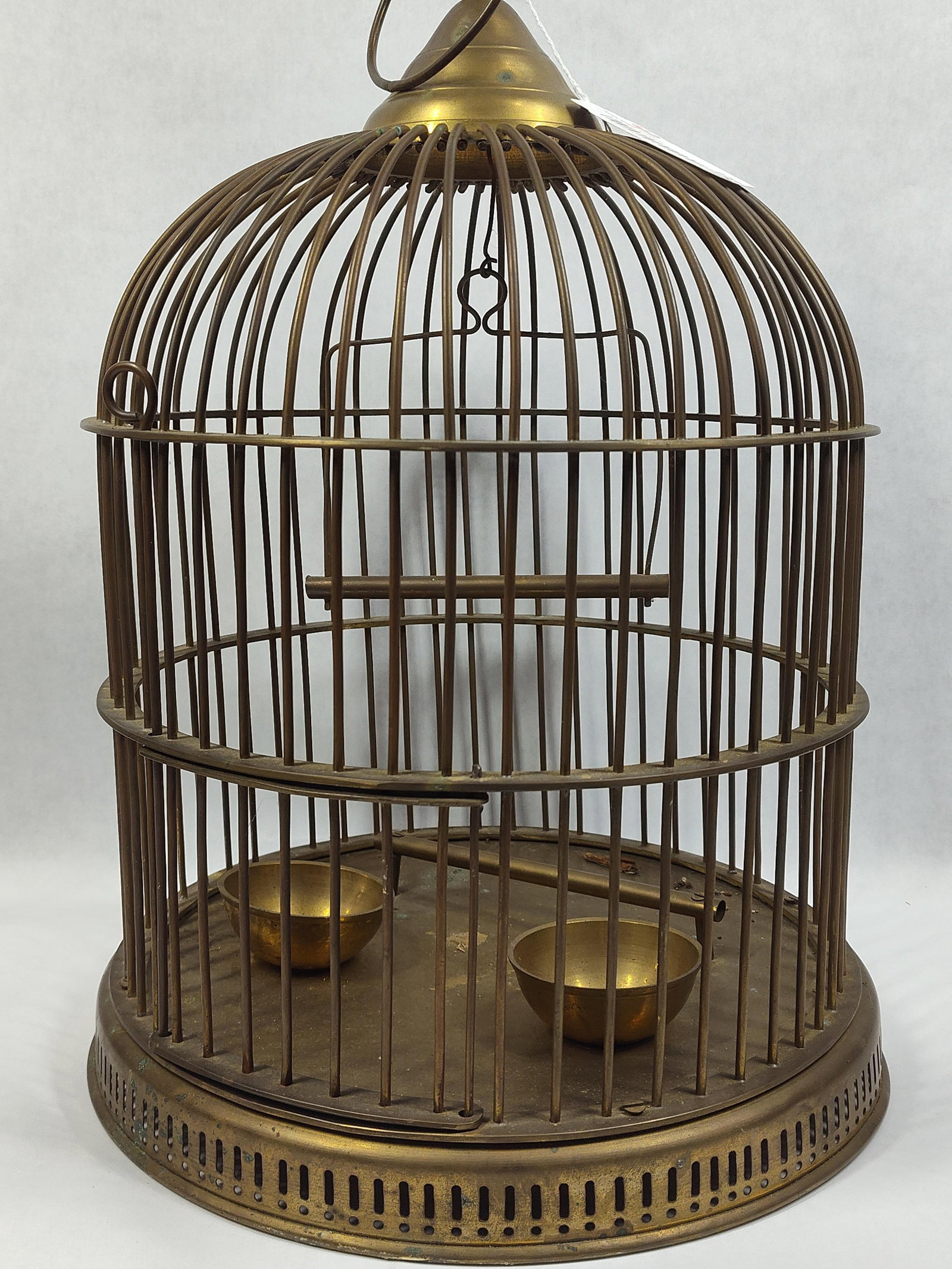 Brass Bird Cage with Perch: 13in diameter at base 18in tall.