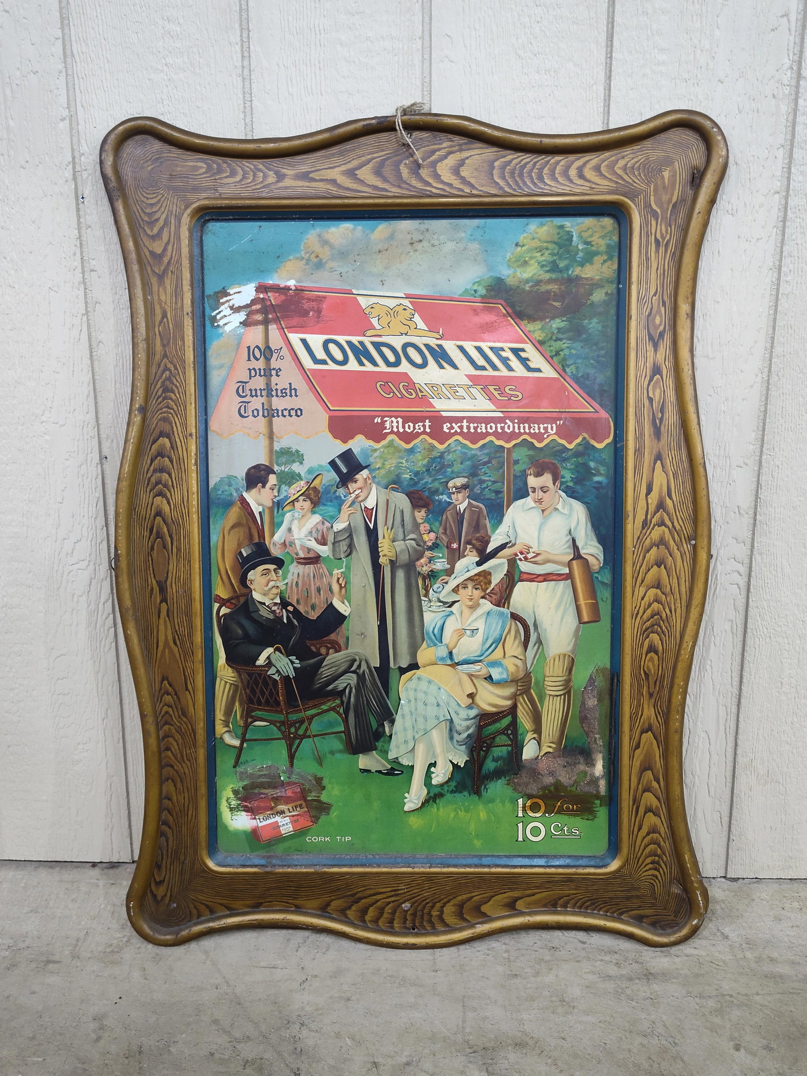 Early SST London Life Cigarettes self-framed sign: Great early graphical 1-sided painted metal self-framed sign but does have some type of smears on 4 corners of field that appears were tried to clean and has cut punctures in top and bottom right corn
