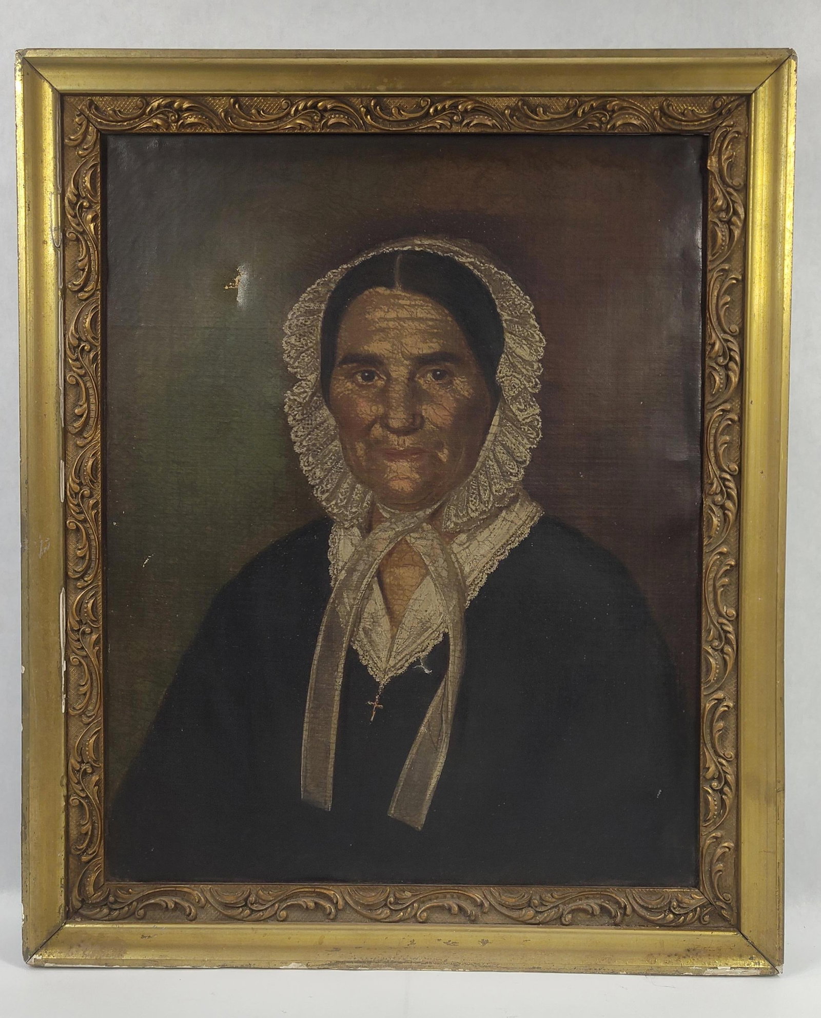 1800s Oil on Canvas Painting of Early American Madam: Very early oil on canvas painting that shows a small puncture and some age crackling but paint is very stable! Good early piece!! 19.5in x 23.5in.