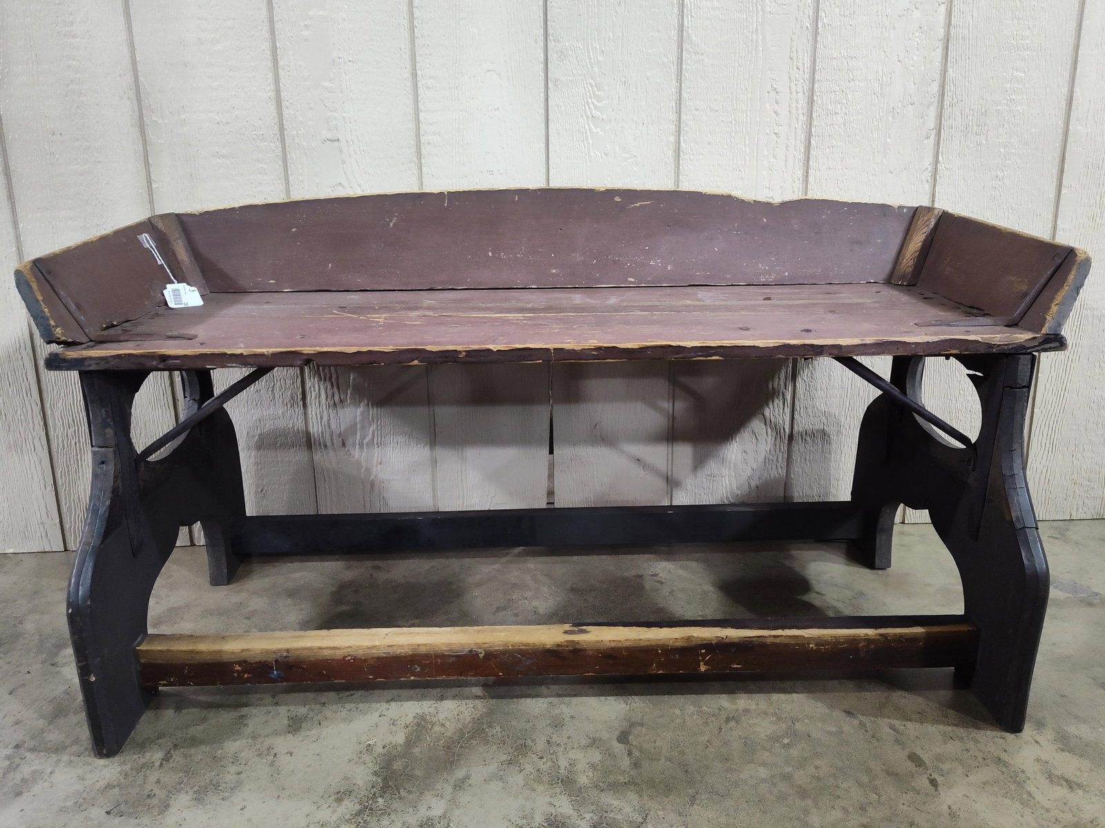 Early Market Delivery Wagon Seat: Old original wagon seat made into a bench, marked GROCERIES on back of seat. With great original paint! 48in wide 23in tall to back.
