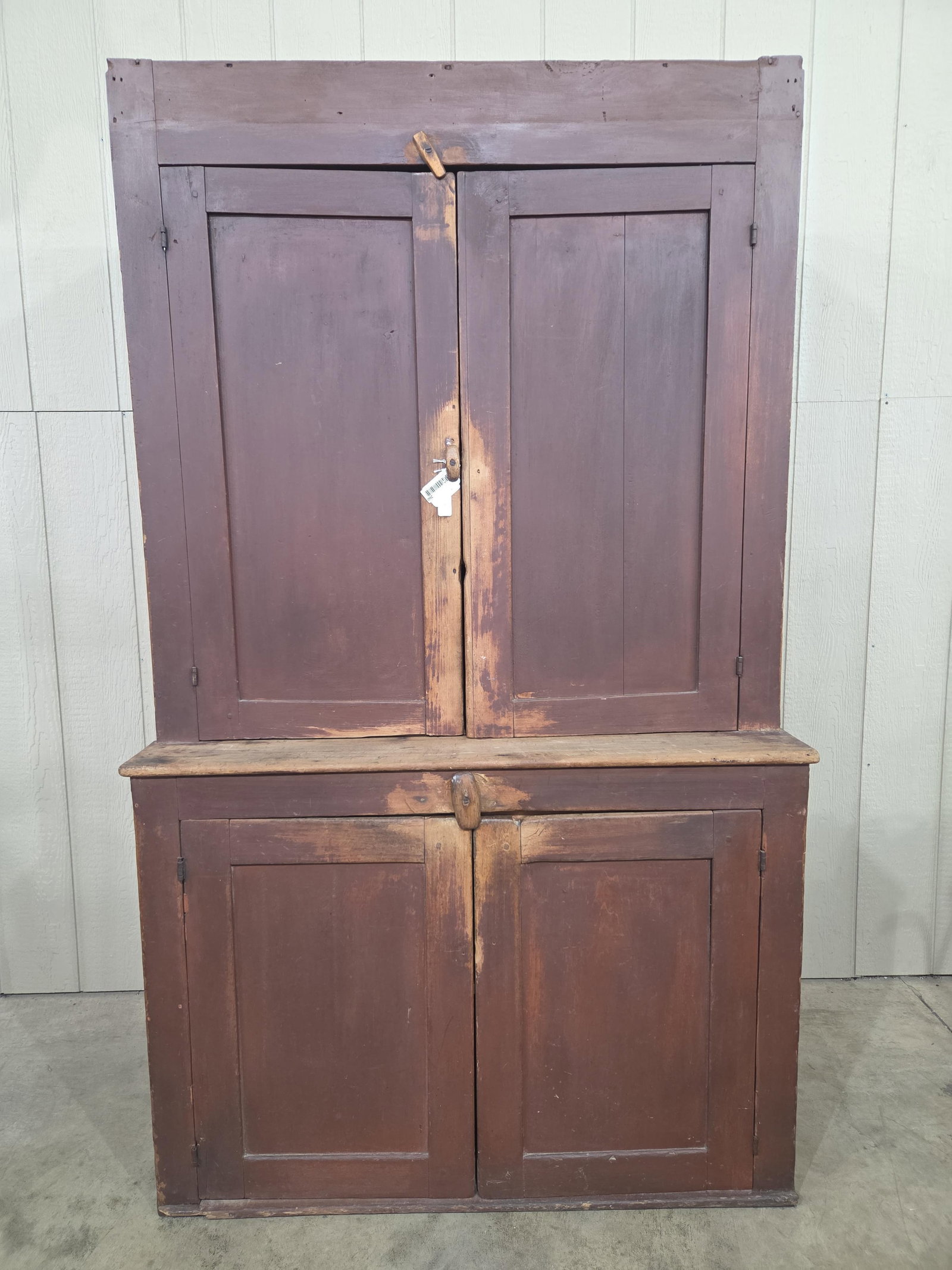 Outstanding Primitive Red Painted Stepback Cupboard: Another excellent early square nailed cupboard with great red paint and has an awesome look!! 46in wide 19in deep 78in tall.