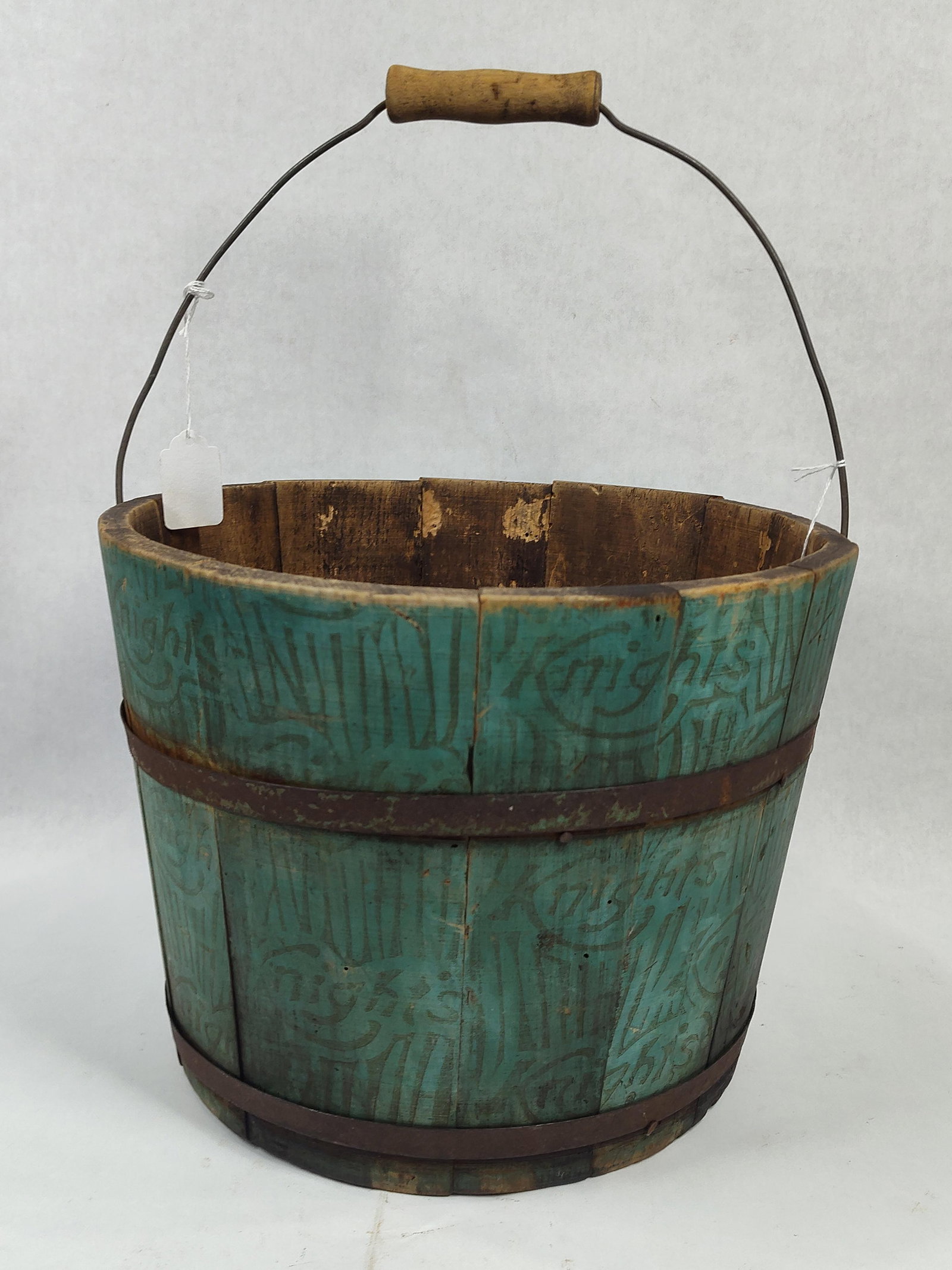 Great Primitive Blue Painted Bucket: Awesome blue paint and has the word Knights numerous times surrounding bucket. 13in diameter 9.5in tall.