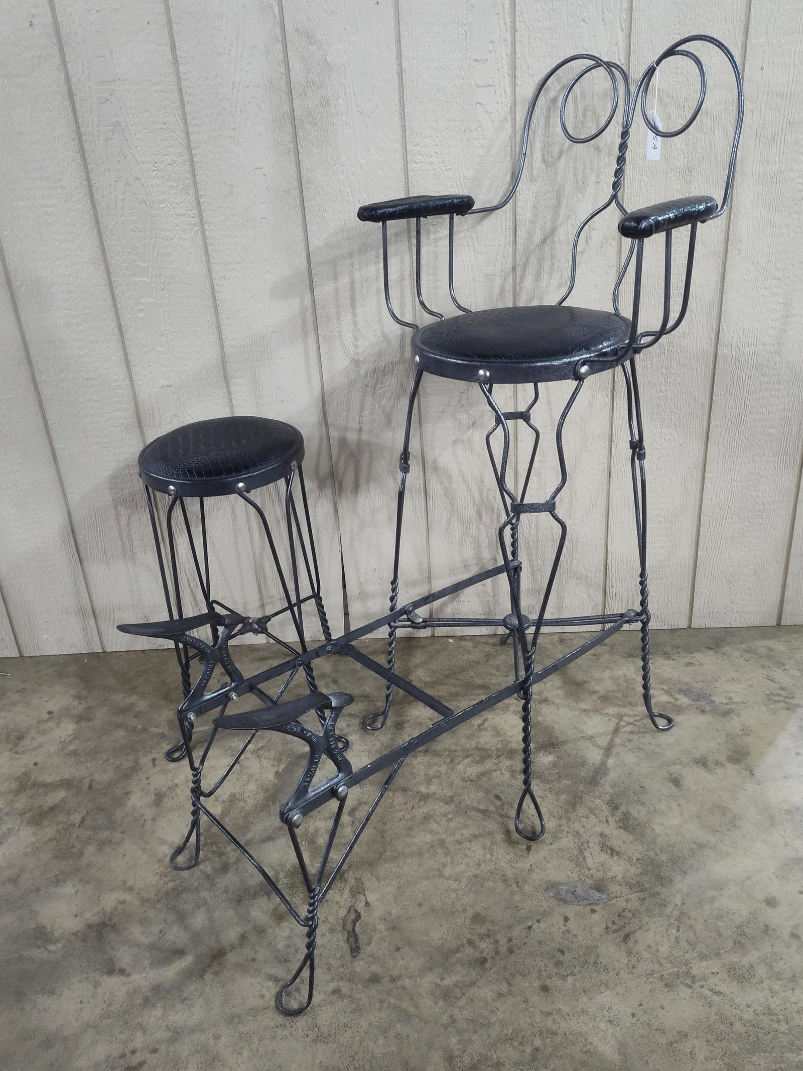 Early 1900s Wrought-Iron Shoe Shine Stand & Stool: Beautifully restored chair and stool with leather seats and arm rests!! Embossed Royal MM Co. Chicago 1904. Overall height on chair is 48in, stool is 24in seats height.