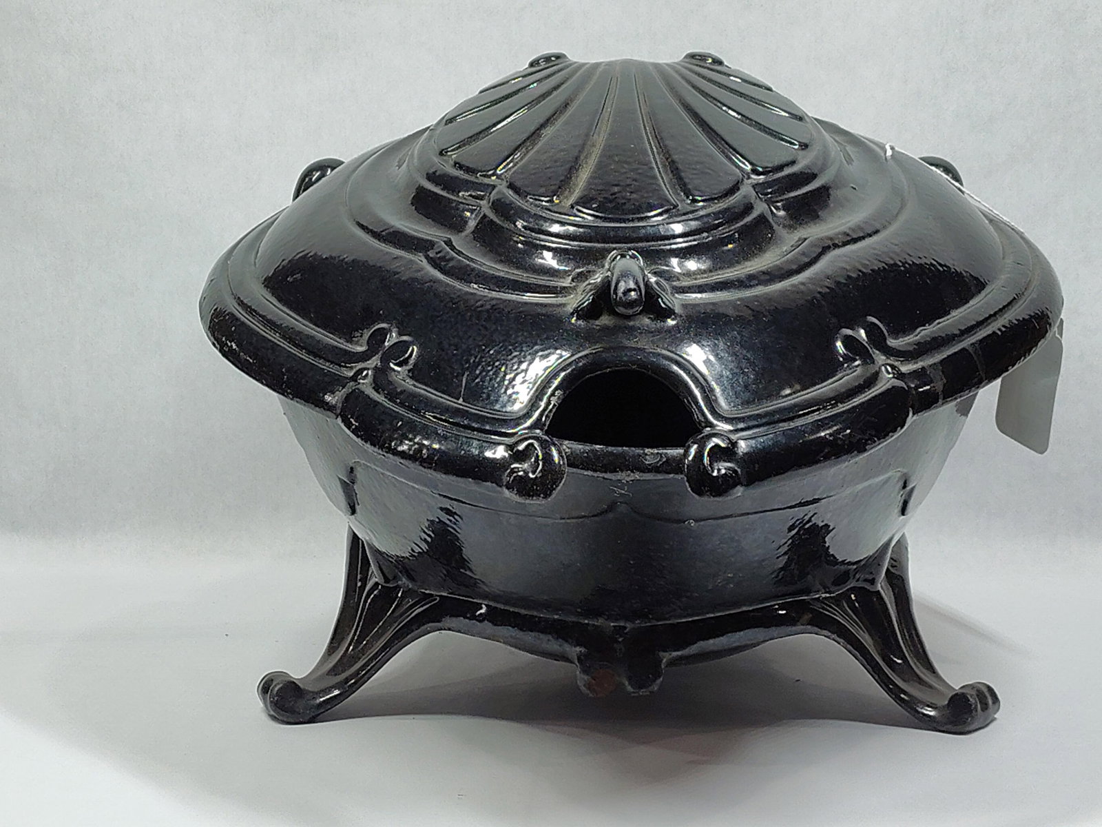 19th C French Enameled Cast Iron Coal Scuttle: Beautiful ornate Enameled cast iron Scuttle with Shell design and in good clean condition! Approximately 18in long 14in wide 11in tall.