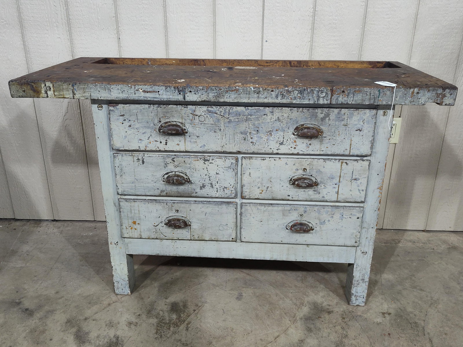Great Painted 5-drw Workbench: With great primitive dry gray paint and shows nice user character!! Nice handy size, would make a great kitchen island!! Top is 22in x 52in long 32in tall.