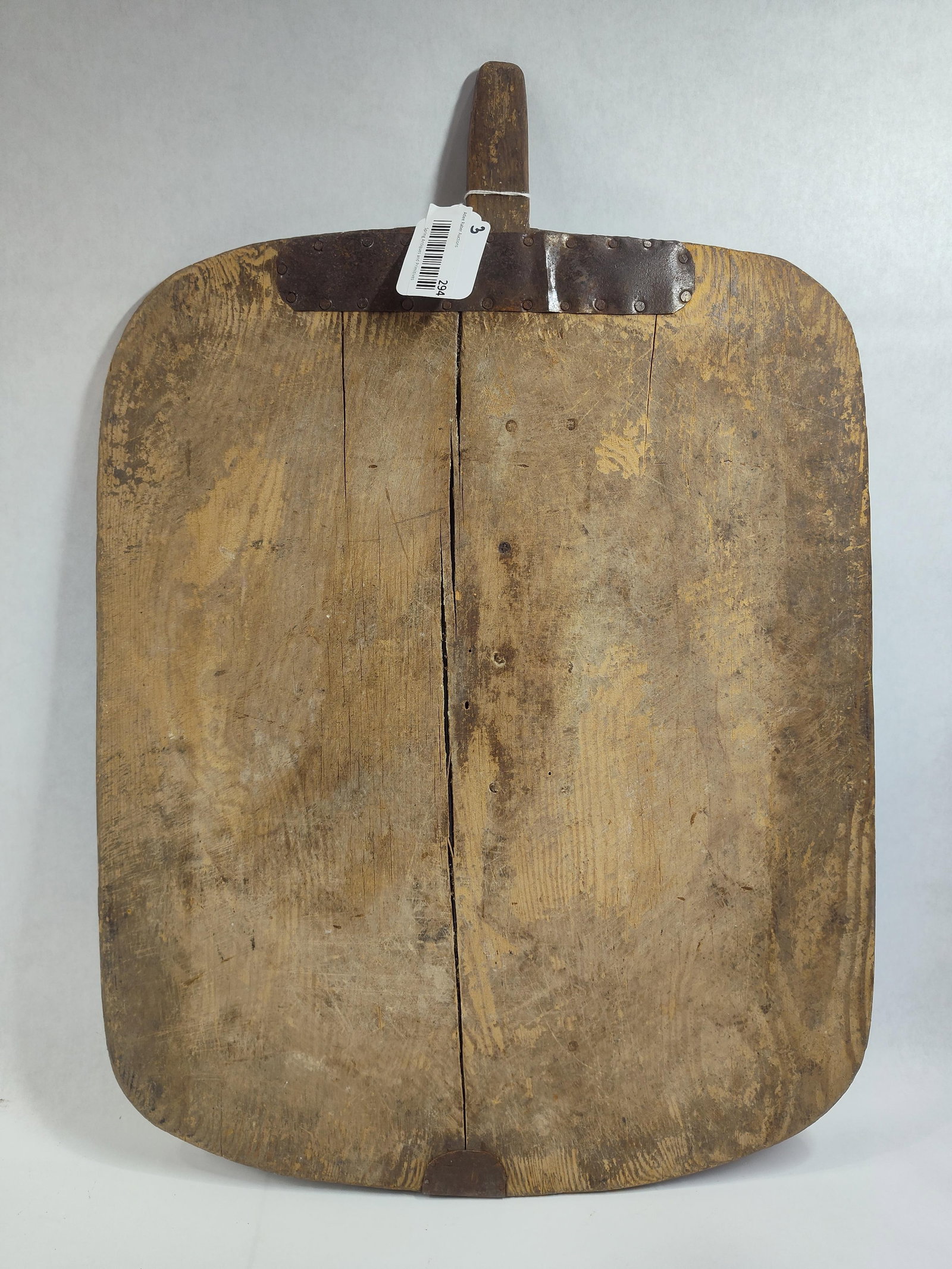 Extra Large Primitive Turkish Handled Bread Board: showing crack as well as repair near handle as shown in photos measuring 18 x 25.5