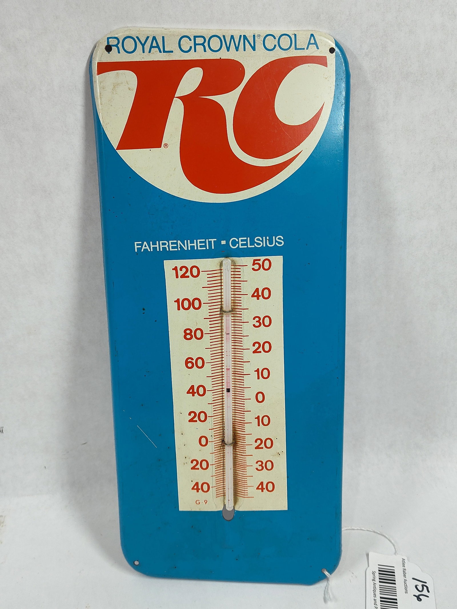 Royal Crown Cola metal thermometer: Has a slight twist and mercury strip is not functioning. 5.75in x 13.5in.