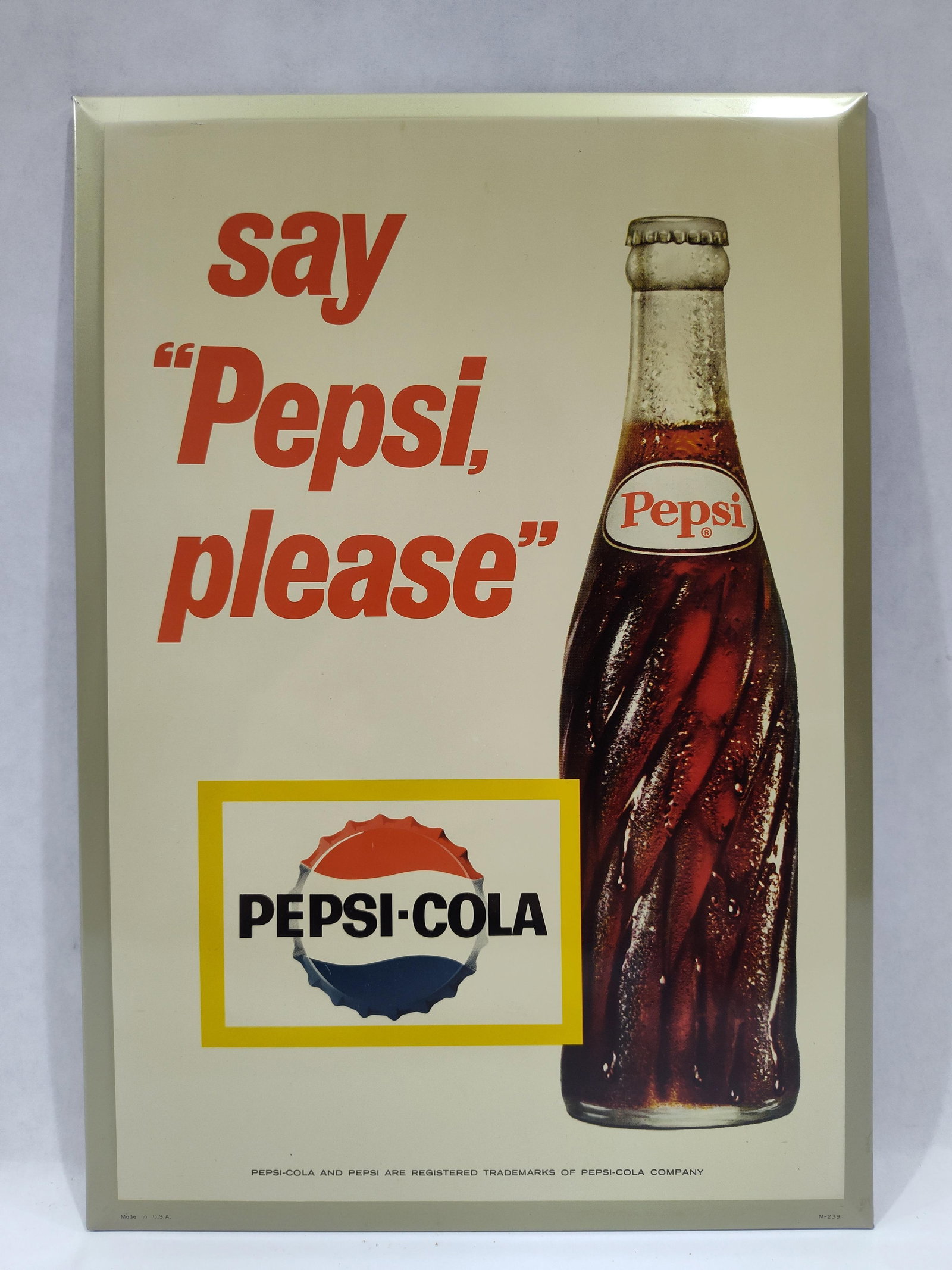 NOS Tin over cardboard Pepsi-Cola easelback Sign: Excellent new old stock TOC easelback sign with rice paper in excellent condition!! 8.25in x 12in.