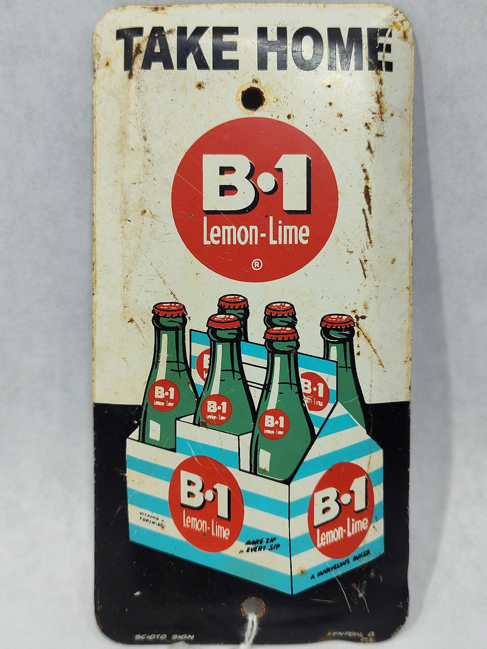 B-1 Lemon-Lime metal door push: 1-sided painted metal with some scuffing. Marked Scioto Sign. 3in x 6in.
