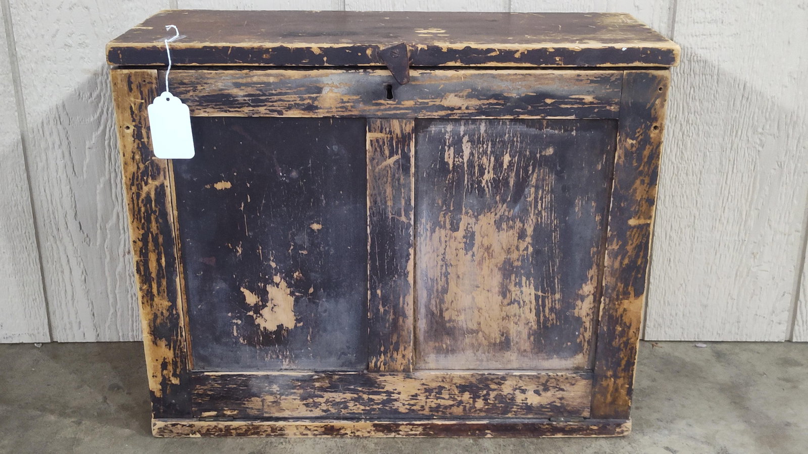 Slotted Document Box: Front panel folds down to reveal sectioned storage. A nice early brown stain with several scuffs and scrapes. 22x9x18