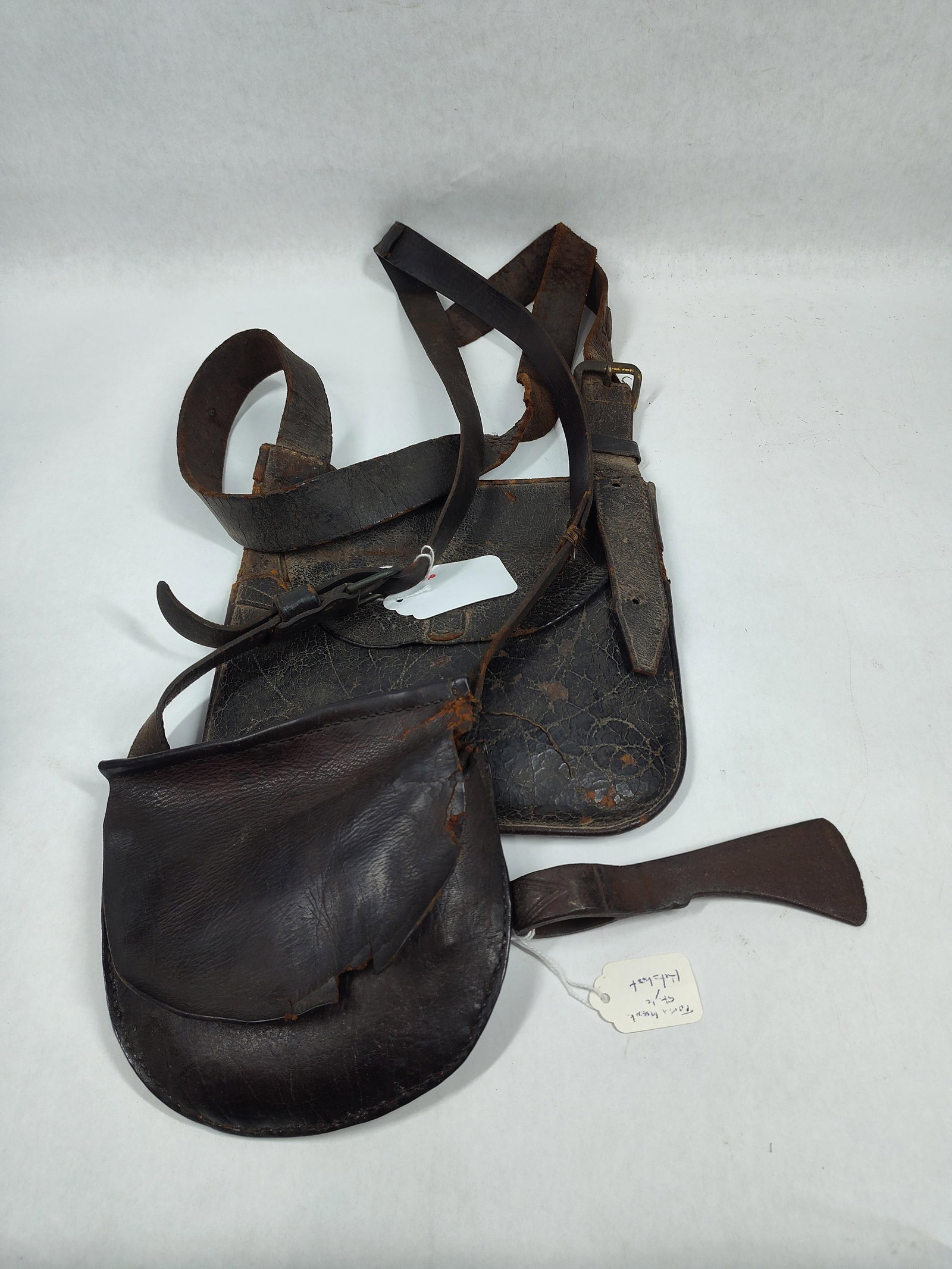 2-Early Leather Hunting Pouches & small Tomahawk style hatchet head: Both pouches show wear. Overall length of hatchet is 6in.