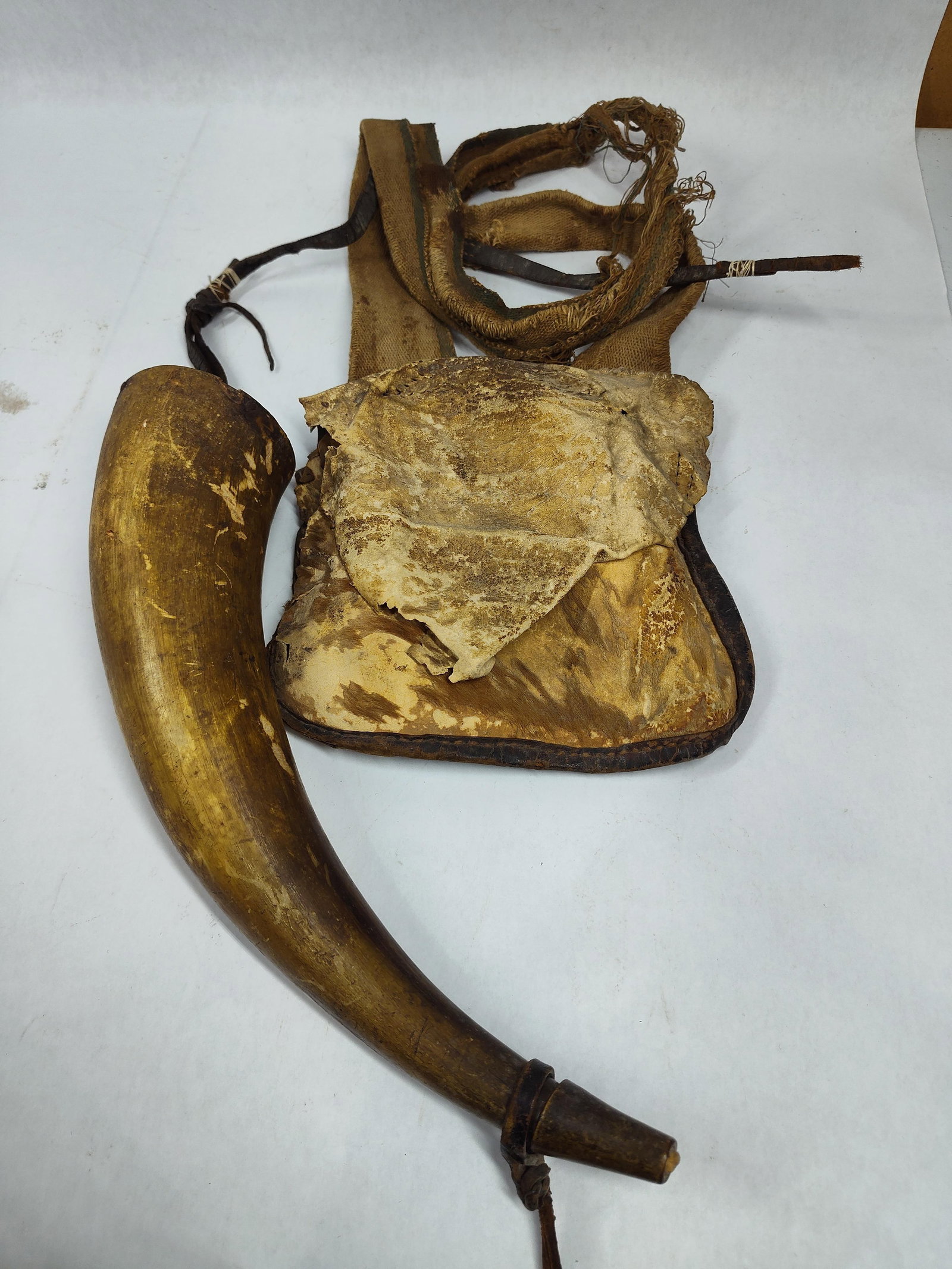 Early Animal Hide Hunting Pouch w/ Powder Horn (1 of 7)