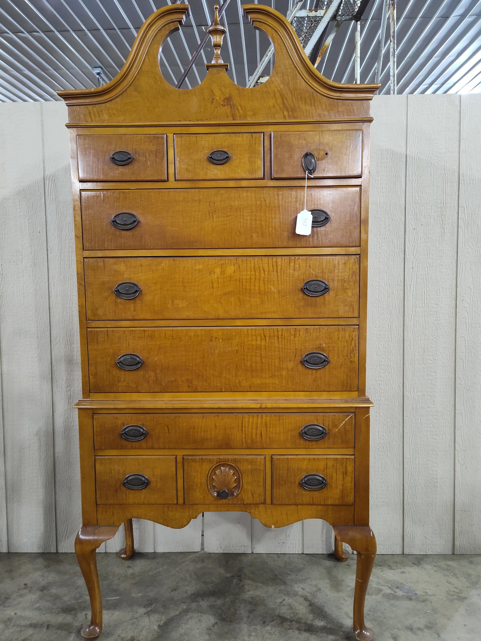 Beautiful Tiger Maple Queen Anne Highboy Chest: Beautiful Chippendale Style 10 drawer chest with Queen Anne Style legs! Shows a few scratches and scuffs but overall in great clean condition!! 36in wide 19in deep 76in tall.